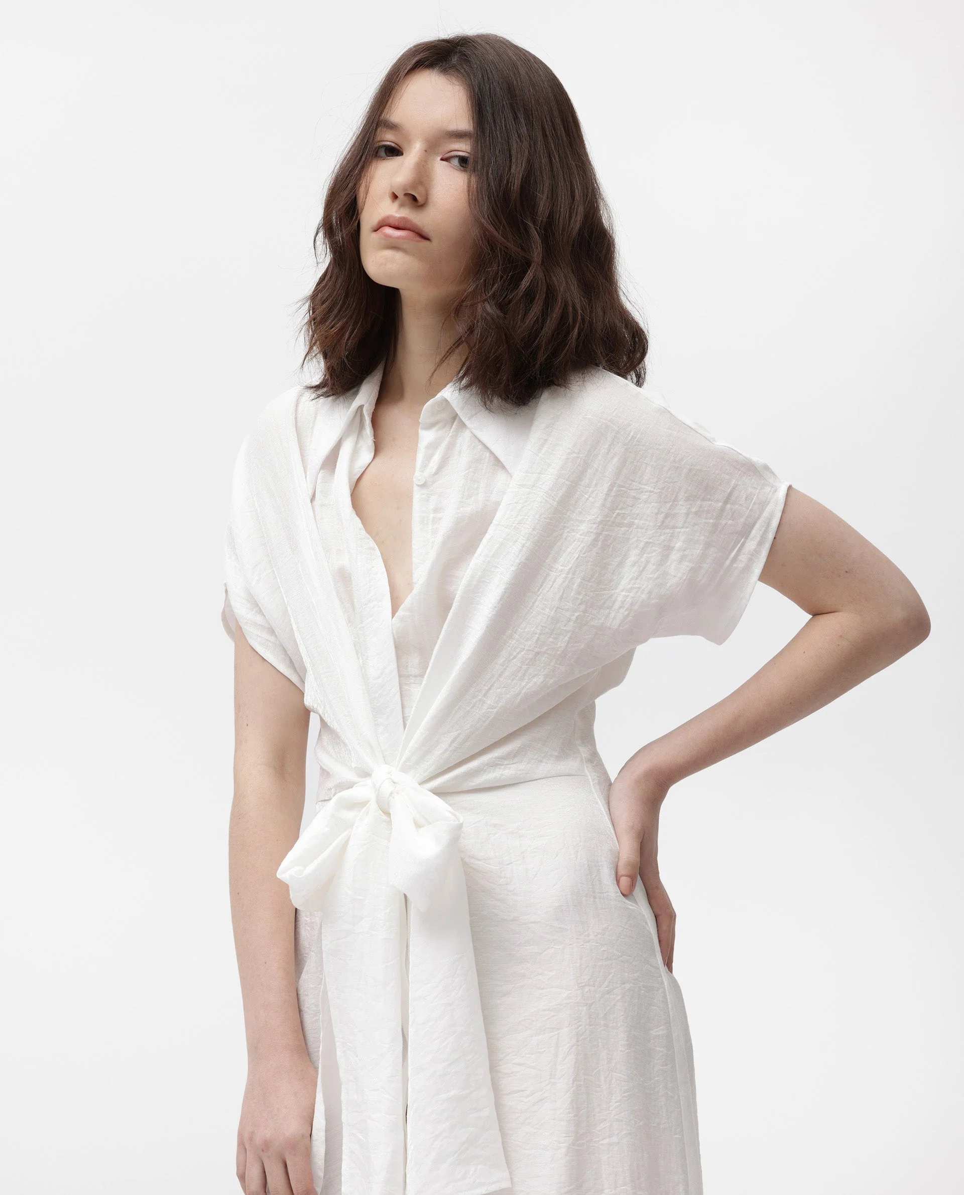 Rareism Women's Husen Dark White Polyester Blend Spread Collar Plain Midi Regular Fit Dress - Image 7