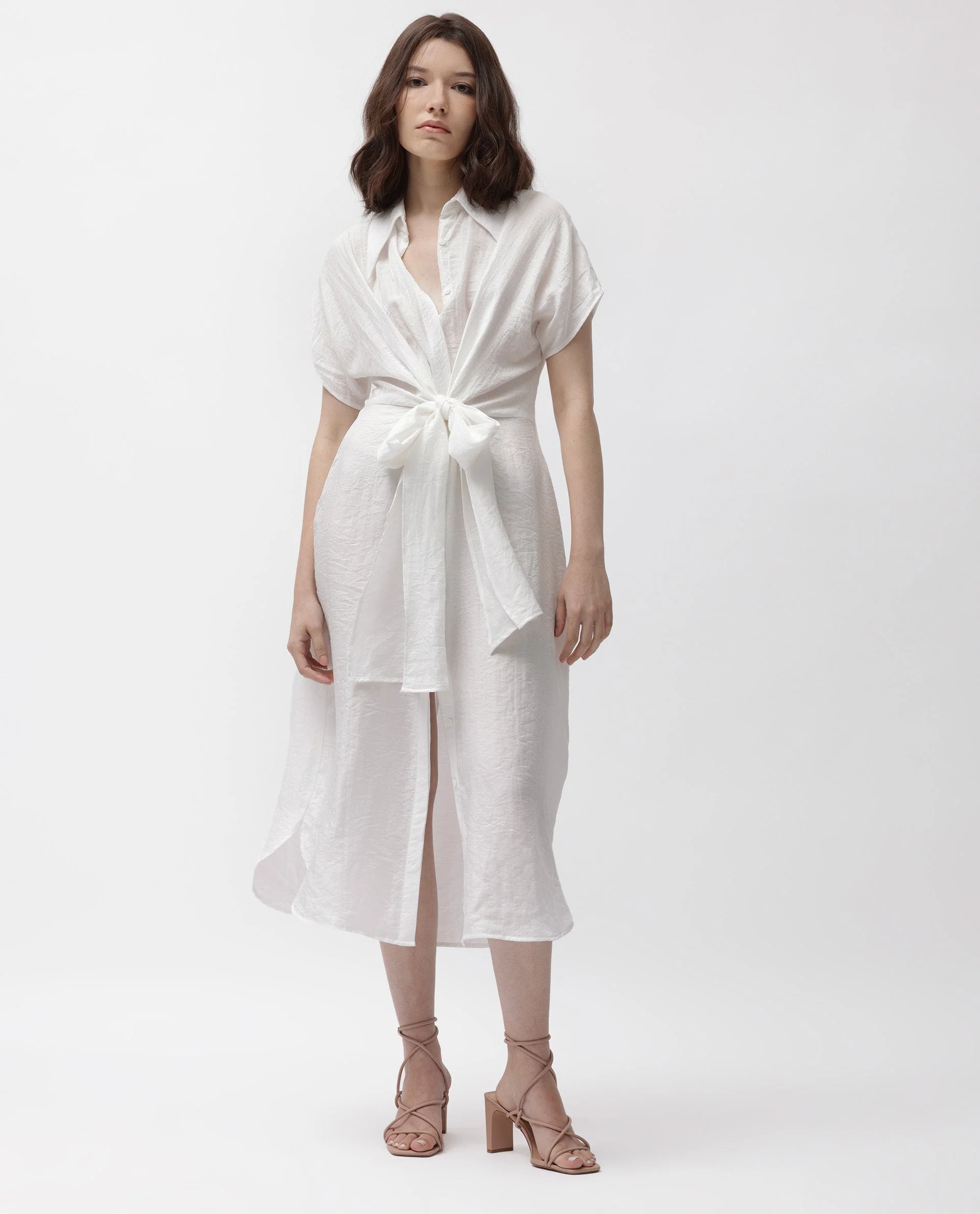 Rareism Women's Husen Dark White Polyester Blend Spread Collar Plain Midi Regular Fit Dress - Image 8