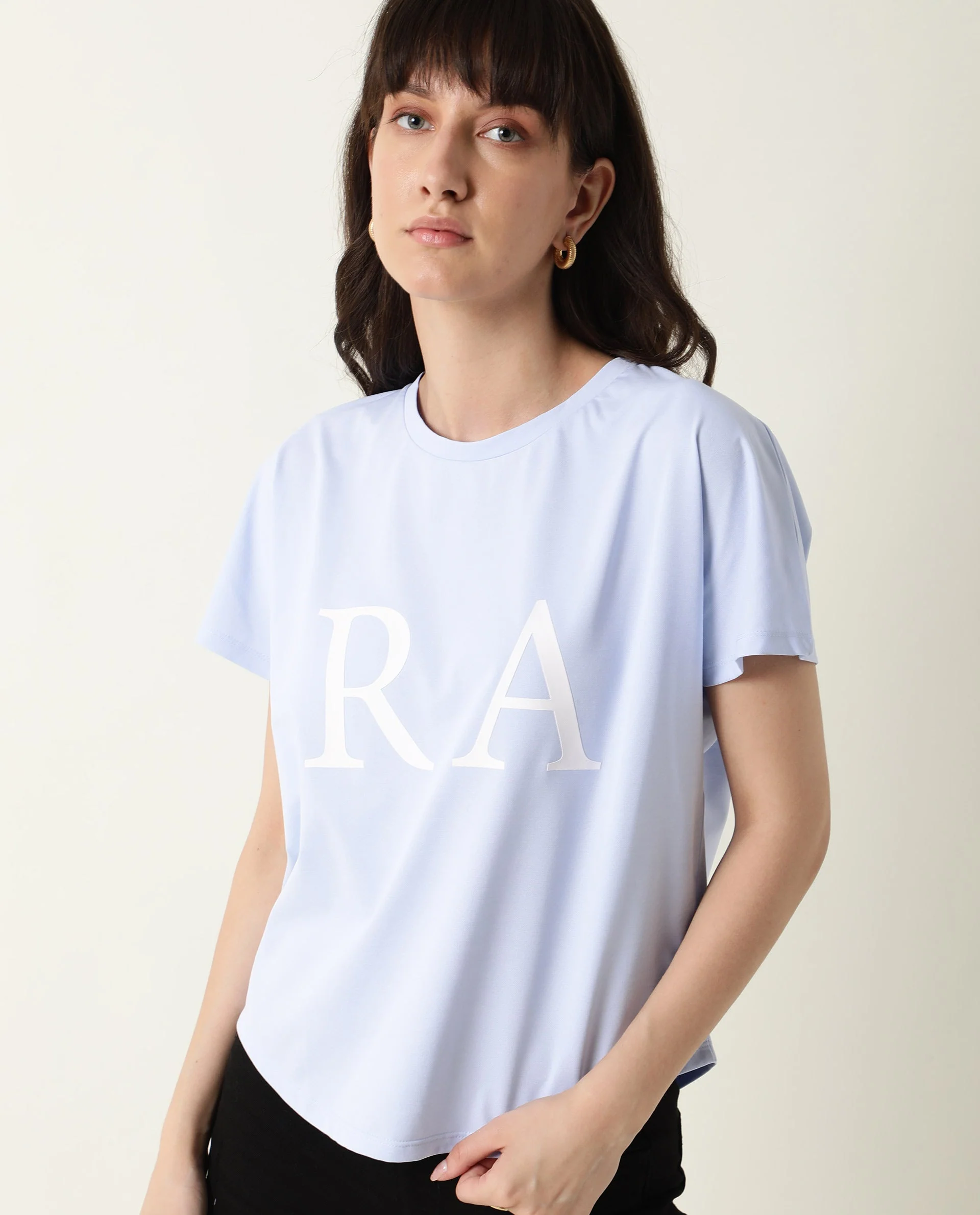 Rareism Women's Hush Blue Polyester Blend Crew Neck Graphic Print Regular Fit T-Shirt