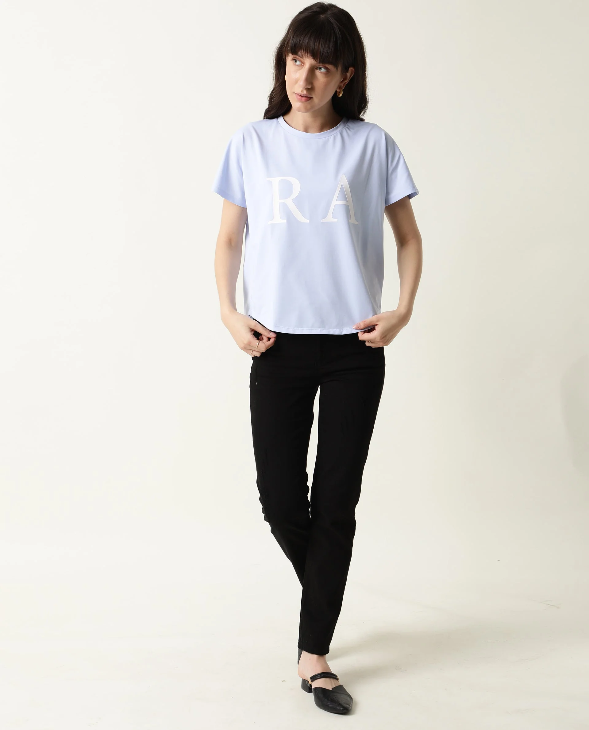 Rareism Women's Hush Blue Polyester Blend Crew Neck Graphic Print Regular Fit T-Shirt - Image 2