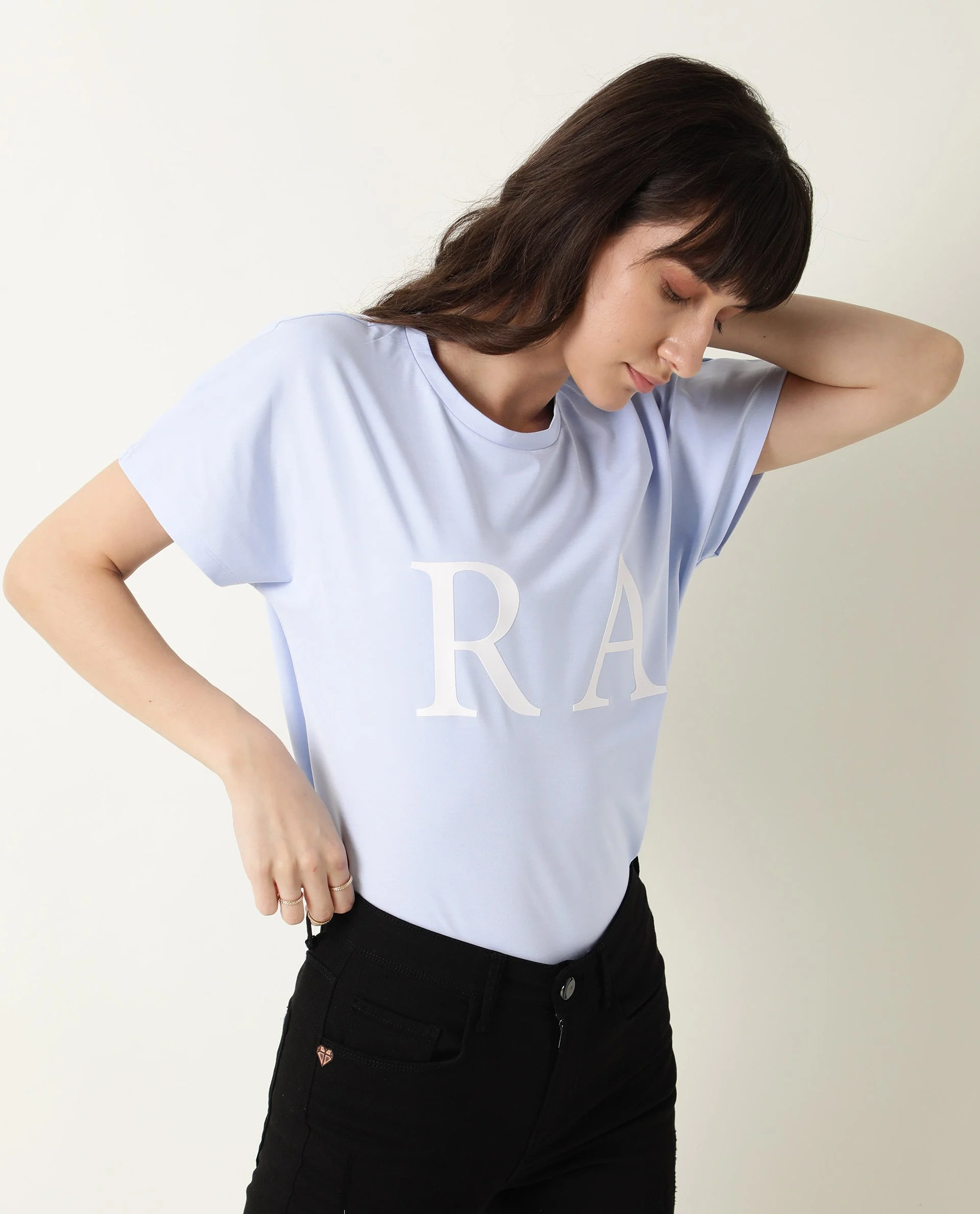 Rareism Women's Hush Blue Polyester Blend Crew Neck Graphic Print Regular Fit T-Shirt - Image 9