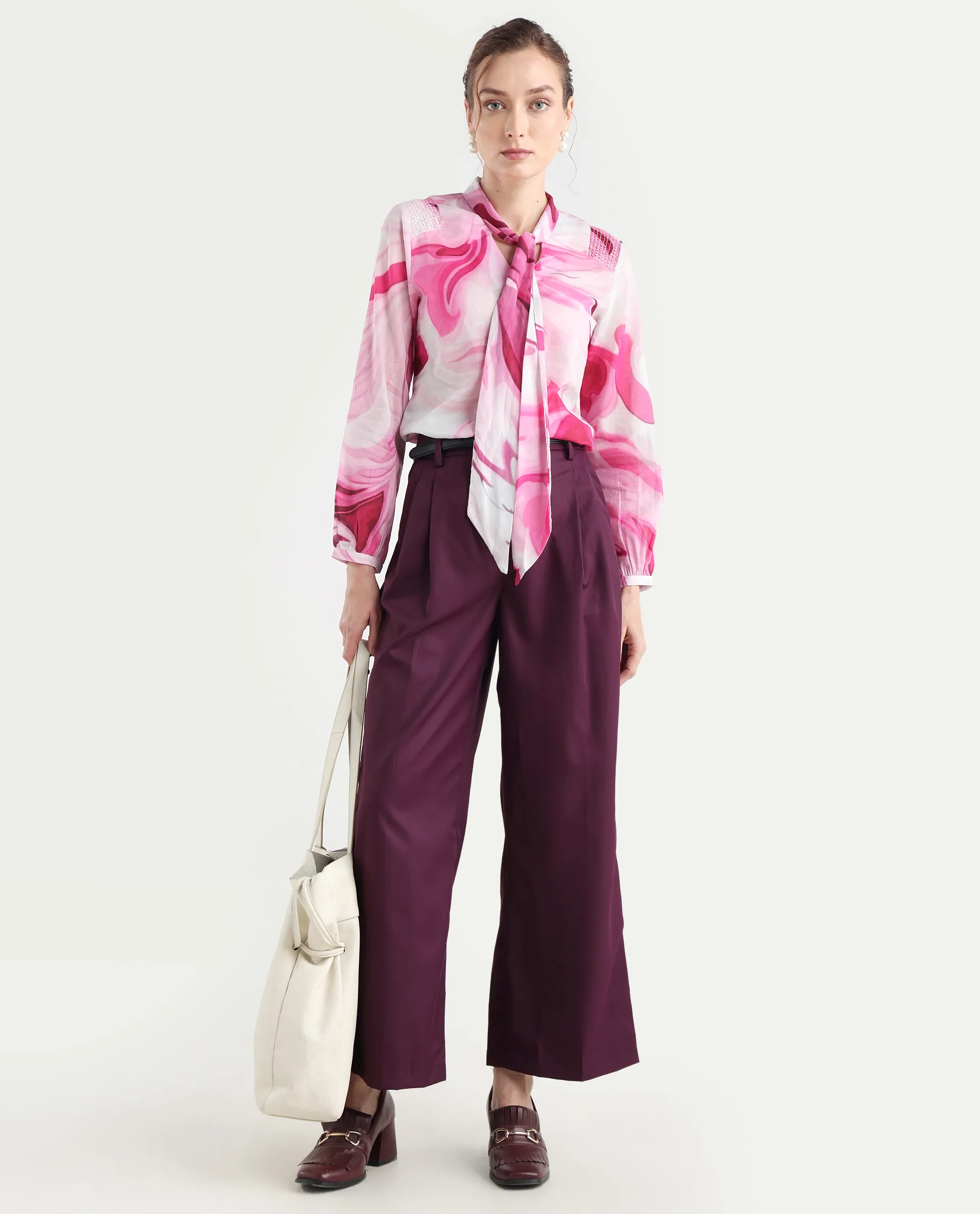 Rareism Women's Hushie Pink Cotton Tie-Up Neck Abstract Print Cuffed Sleeve Regular Fit Top - Image 2