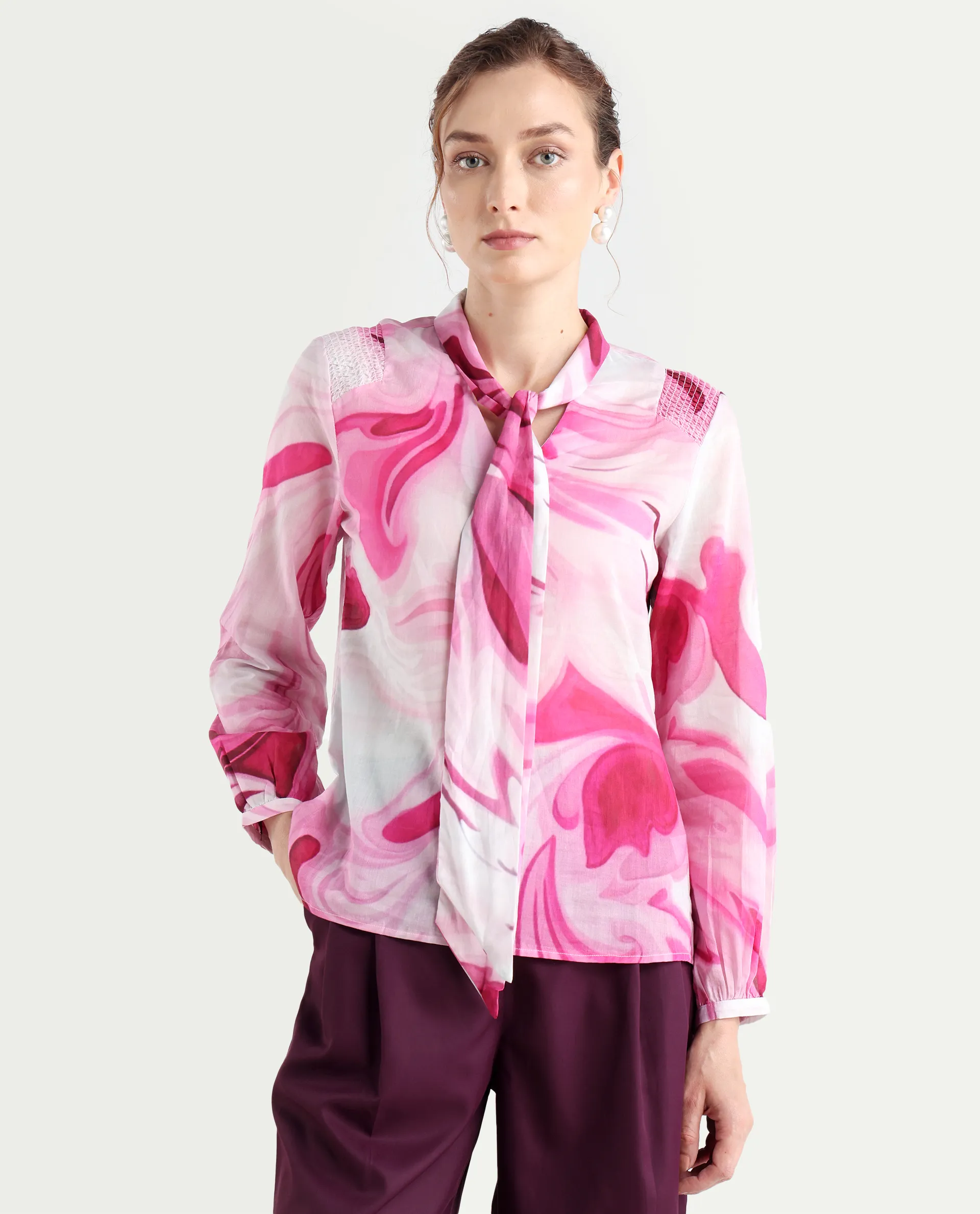 Rareism Women's Hushie Pink Cotton Tie-Up Neck Abstract Print Cuffed Sleeve Regular Fit Top - Image 3