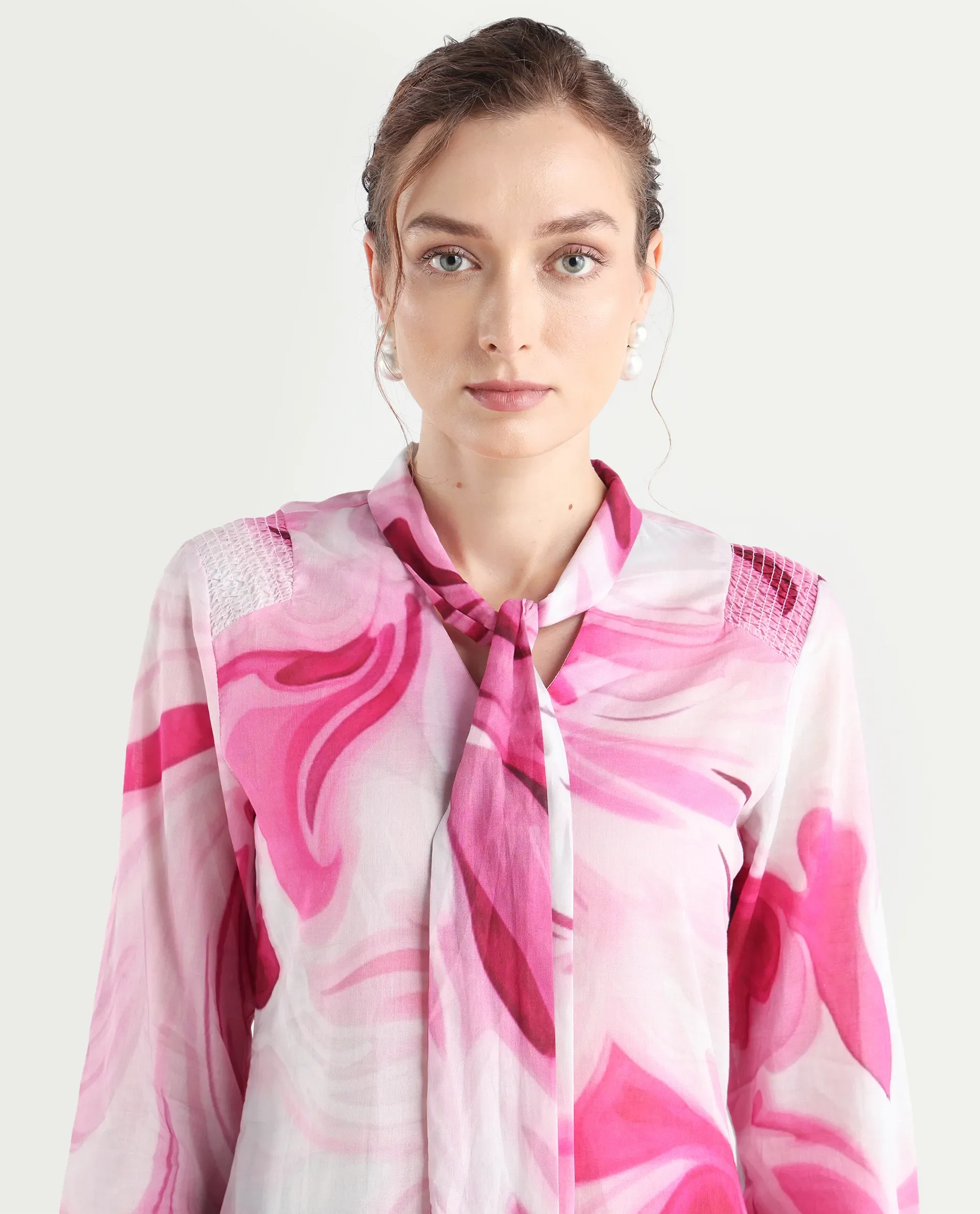 Rareism Women's Hushie Pink Cotton Tie-Up Neck Abstract Print Cuffed Sleeve Regular Fit Top - Image 4
