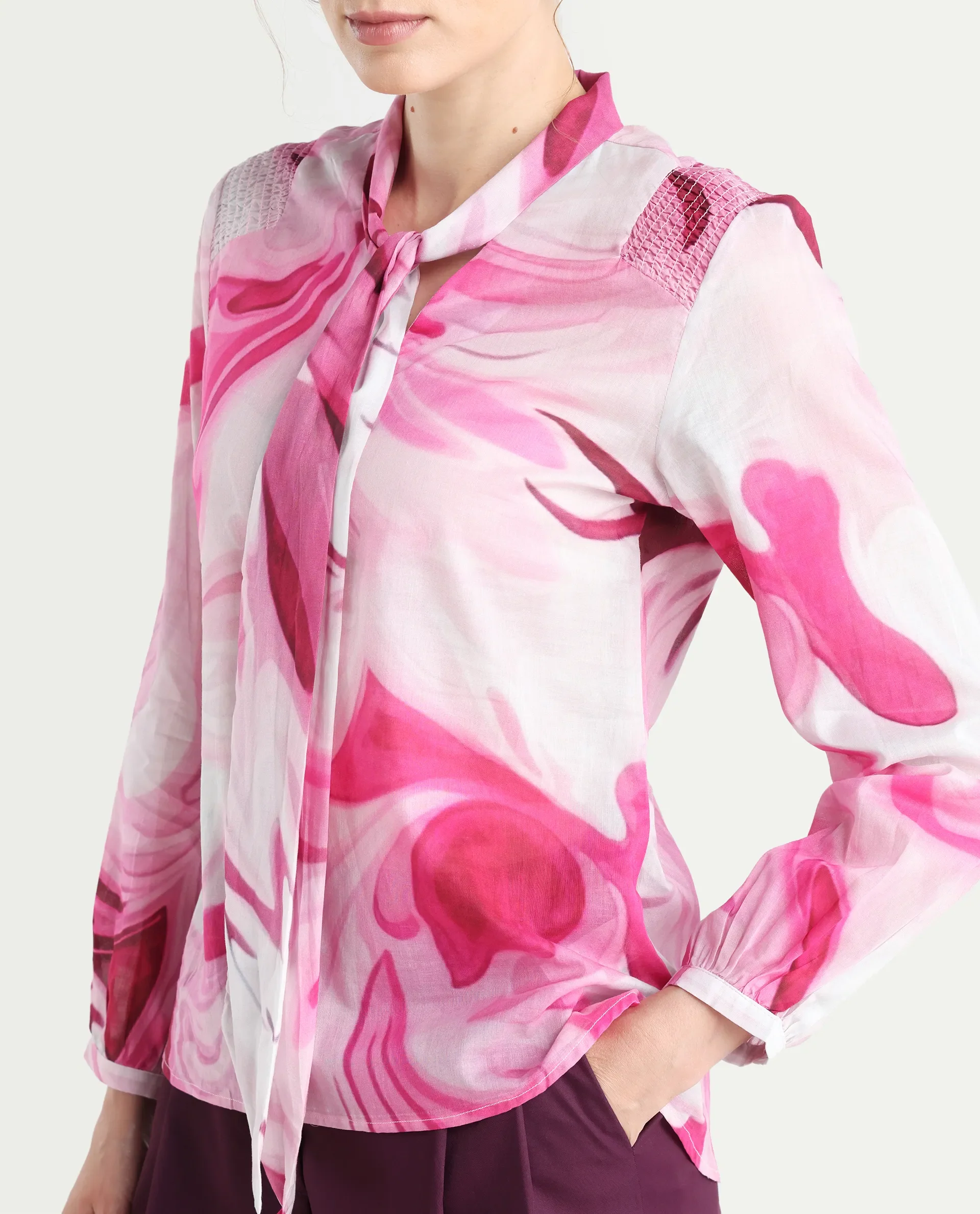 Rareism Women's Hushie Pink Cotton Tie-Up Neck Abstract Print Cuffed Sleeve Regular Fit Top - Image 5