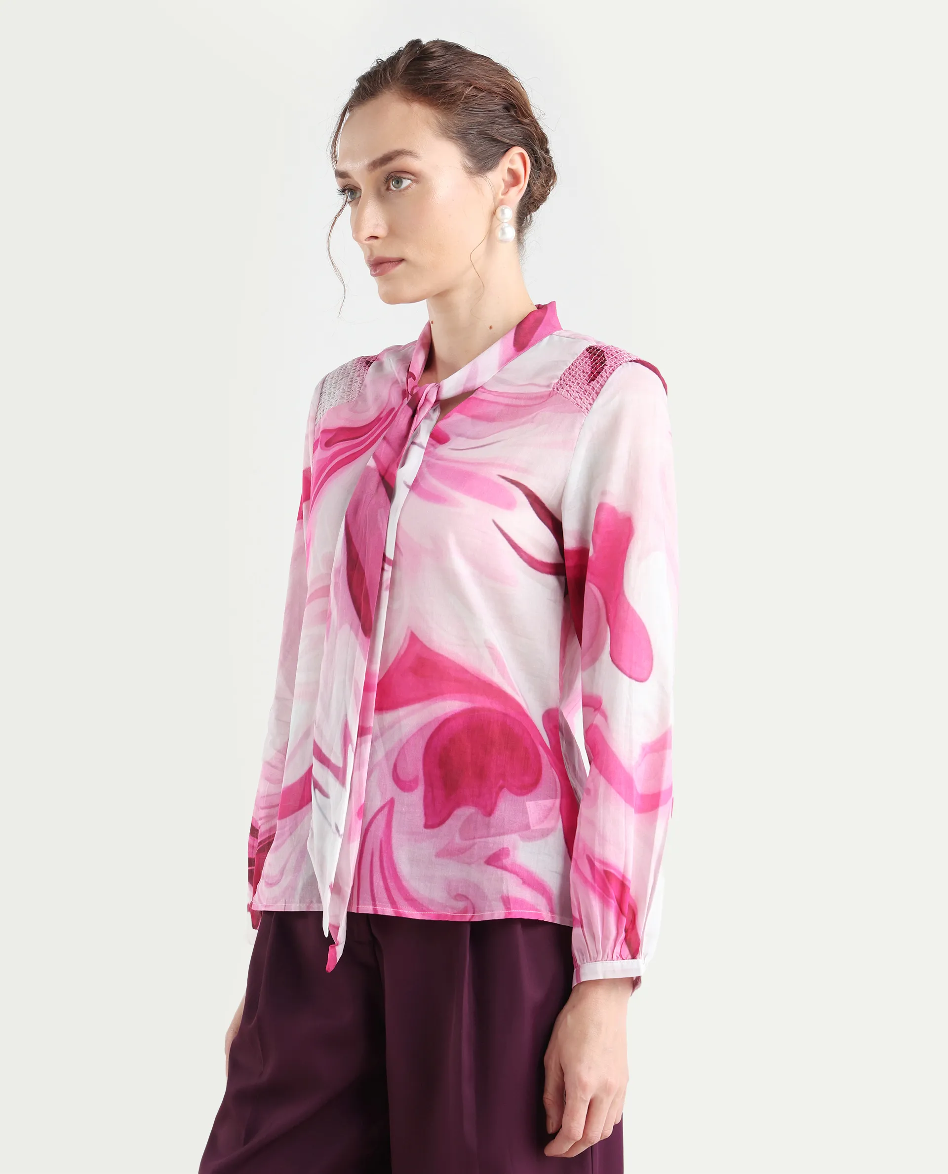 Rareism Women's Hushie Pink Cotton Tie-Up Neck Abstract Print Cuffed Sleeve Regular Fit Top - Image 6