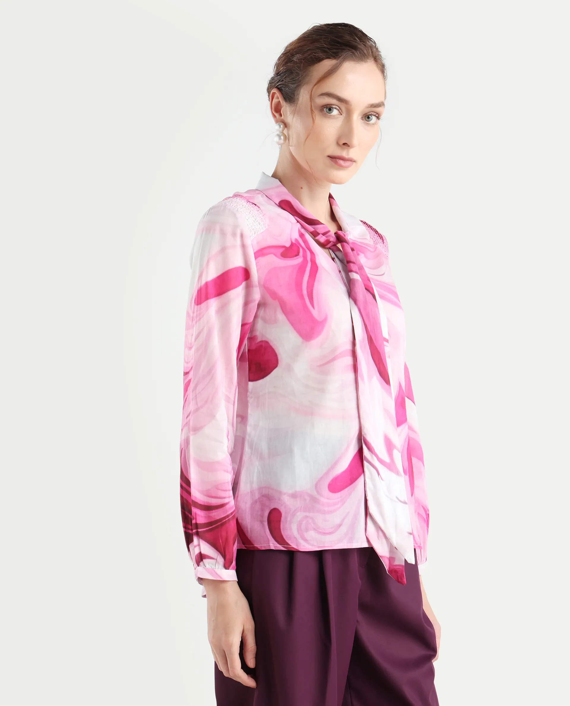 Rareism Women's Hushie Pink Cotton Tie-Up Neck Abstract Print Cuffed Sleeve Regular Fit Top - Image 7