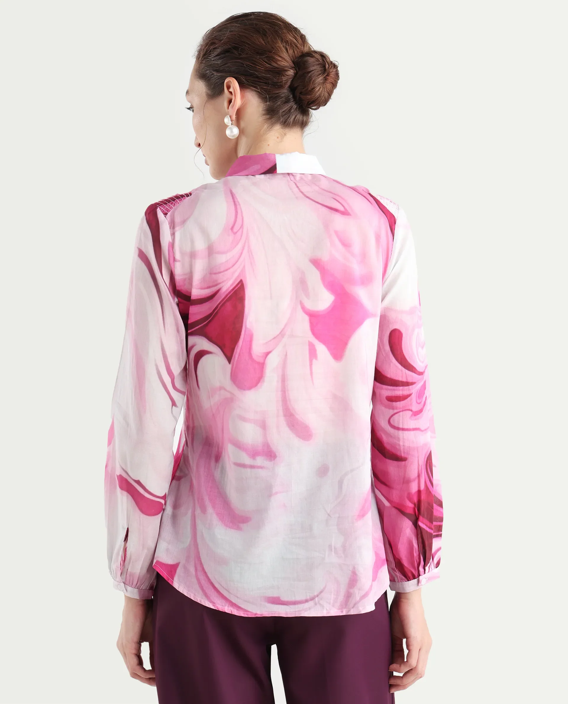 Rareism Women's Hushie Pink Cotton Tie-Up Neck Abstract Print Cuffed Sleeve Regular Fit Top - Image 8