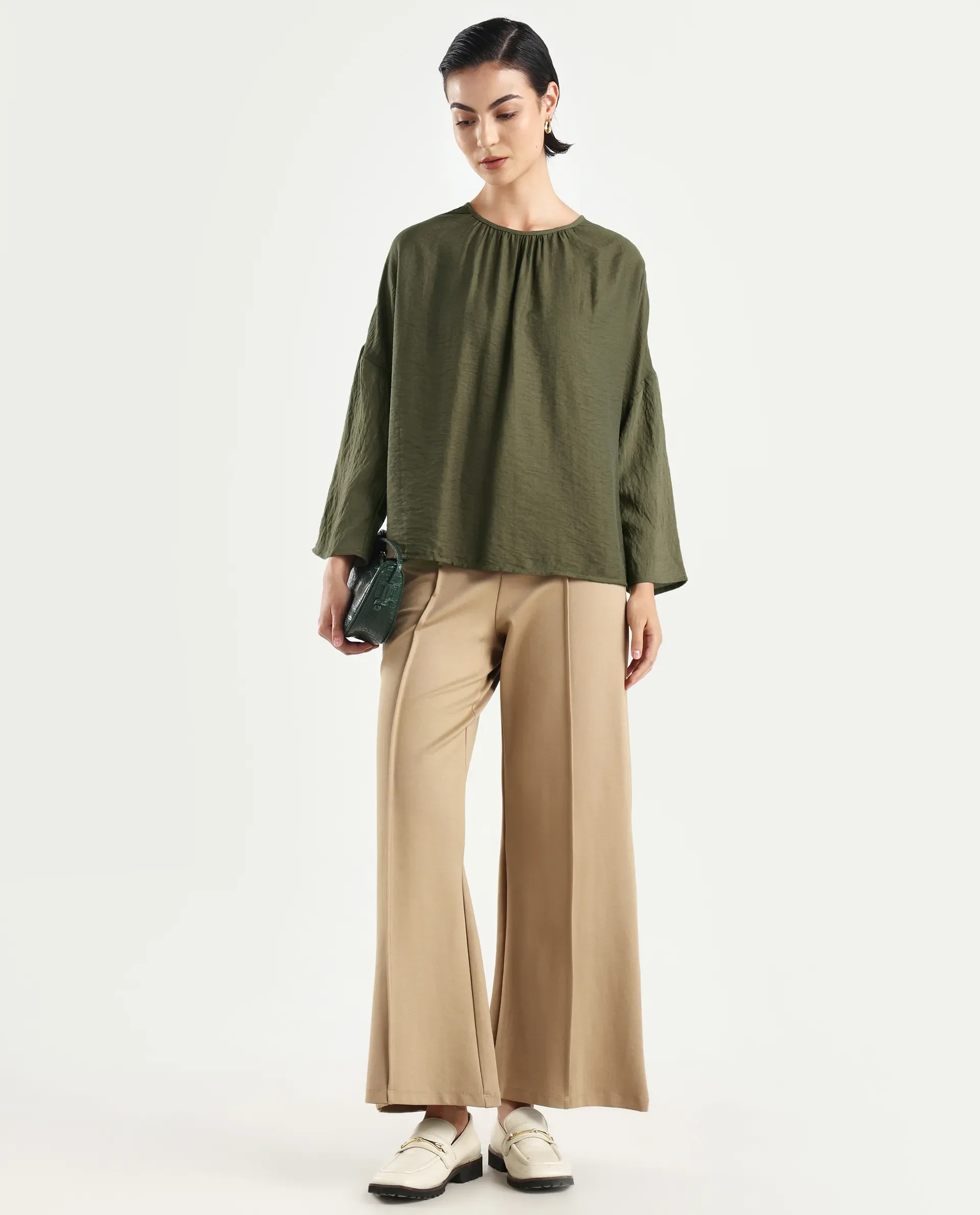 Rareism Women's Husik Olive Viscose Blend Crew Neck Plain Raglan Sleeve Relaxed Fit Top - Image 2