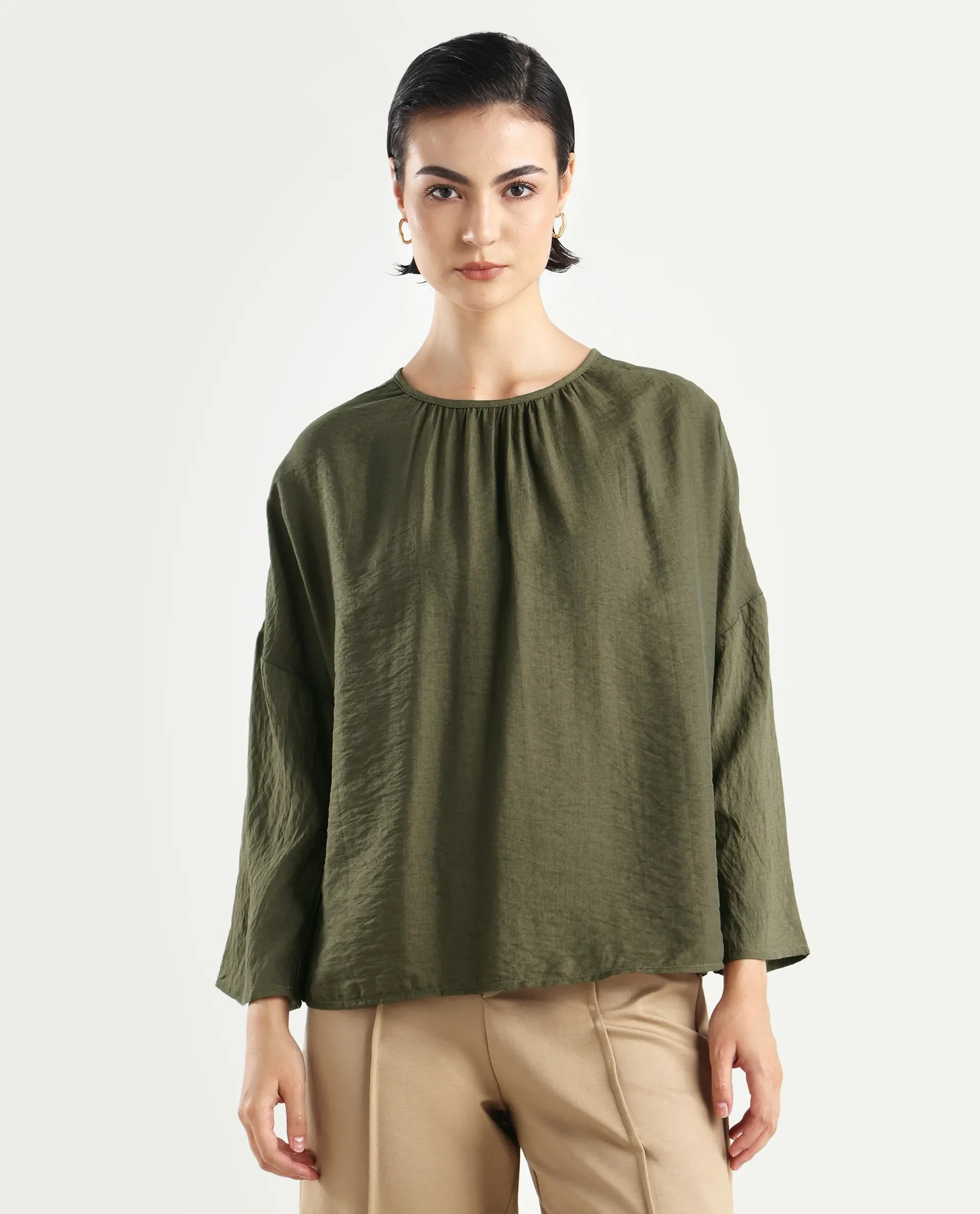 Rareism Women's Husik Olive Viscose Blend Crew Neck Plain Raglan Sleeve Relaxed Fit Top - Image 3