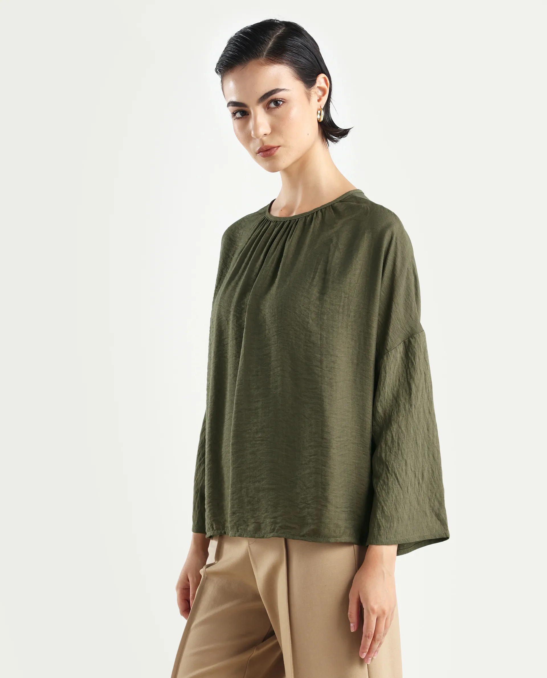 Rareism Women's Husik Olive Viscose Blend Crew Neck Plain Raglan Sleeve Relaxed Fit Top - Image 4
