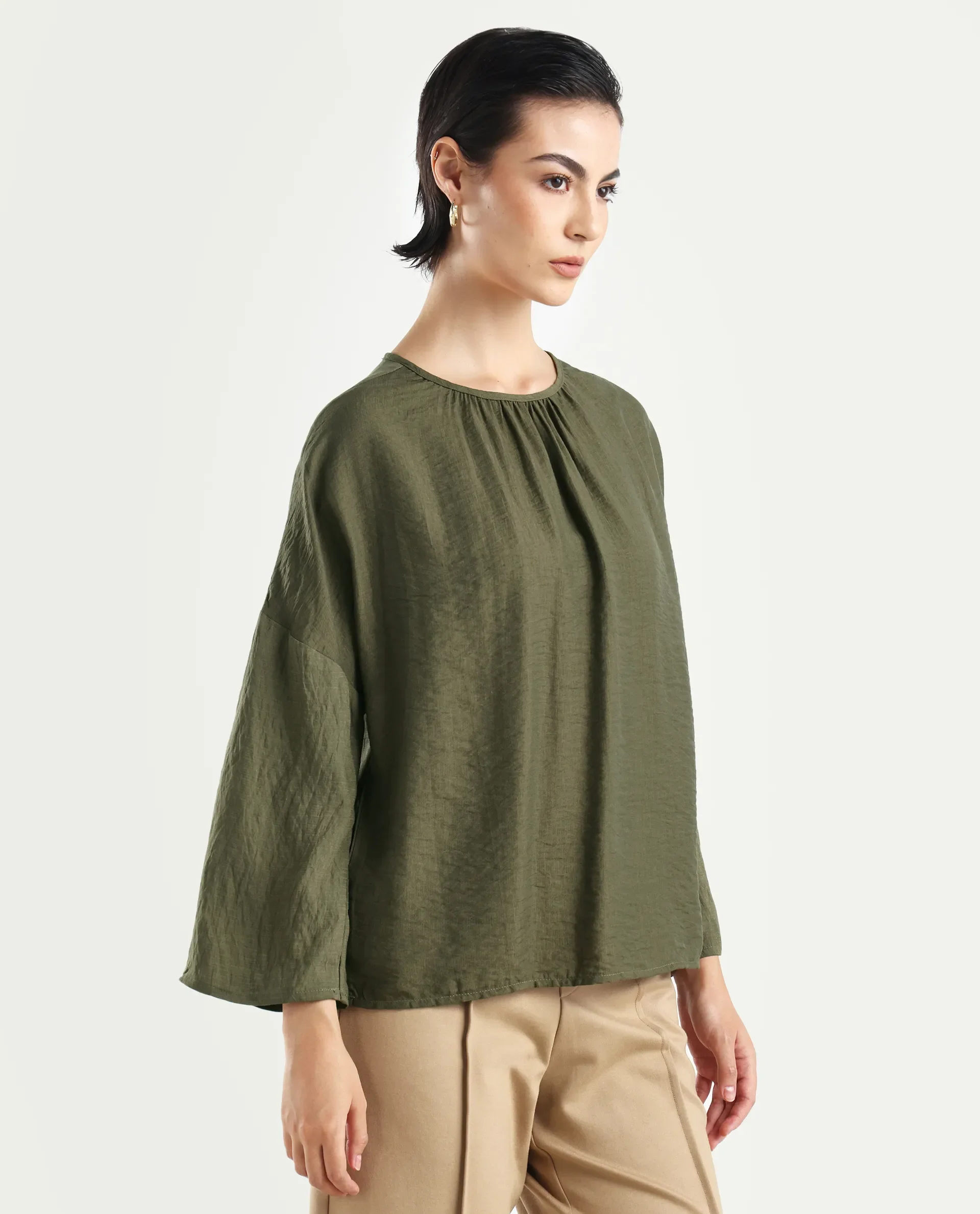 Rareism Women's Husik Olive Viscose Blend Crew Neck Plain Raglan Sleeve Relaxed Fit Top - Image 5