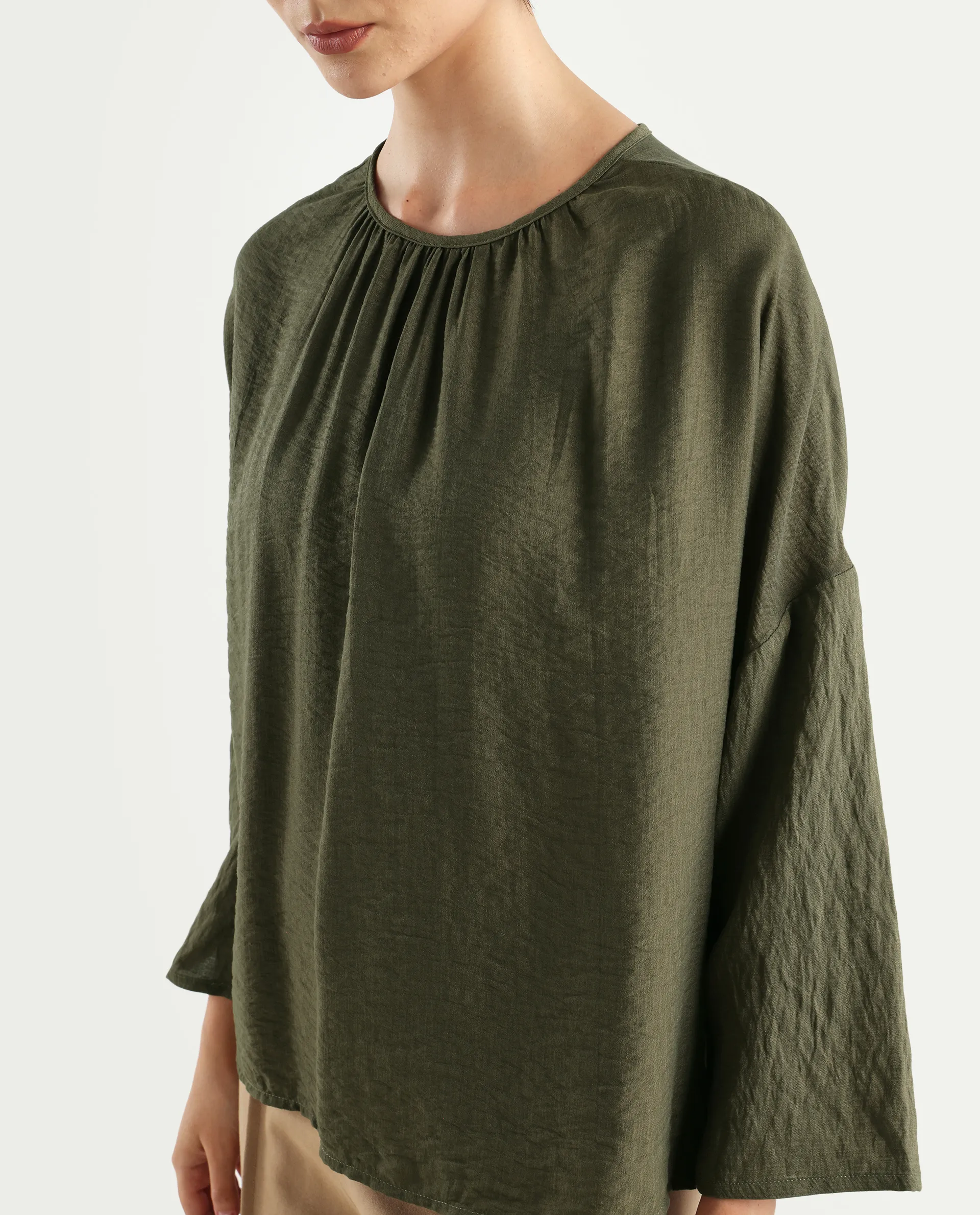 Rareism Women's Husik Olive Viscose Blend Crew Neck Plain Raglan Sleeve Relaxed Fit Top - Image 6