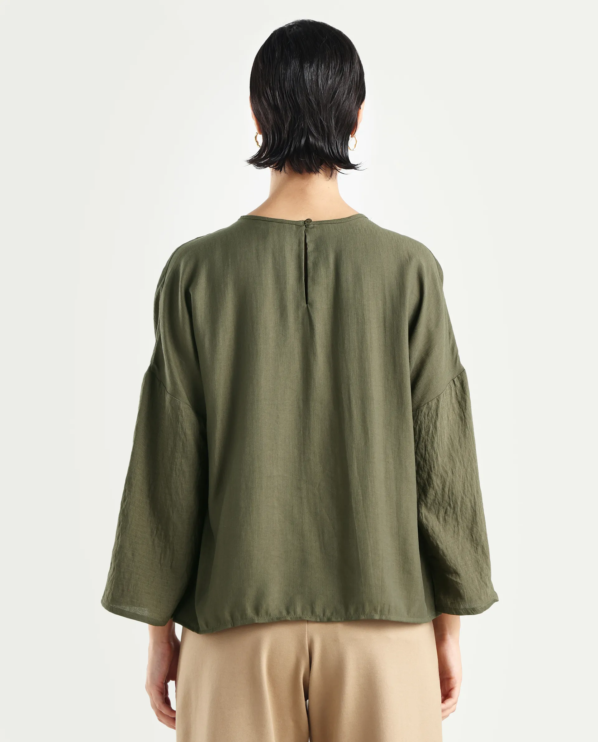 Rareism Women's Husik Olive Viscose Blend Crew Neck Plain Raglan Sleeve Relaxed Fit Top - Image 7