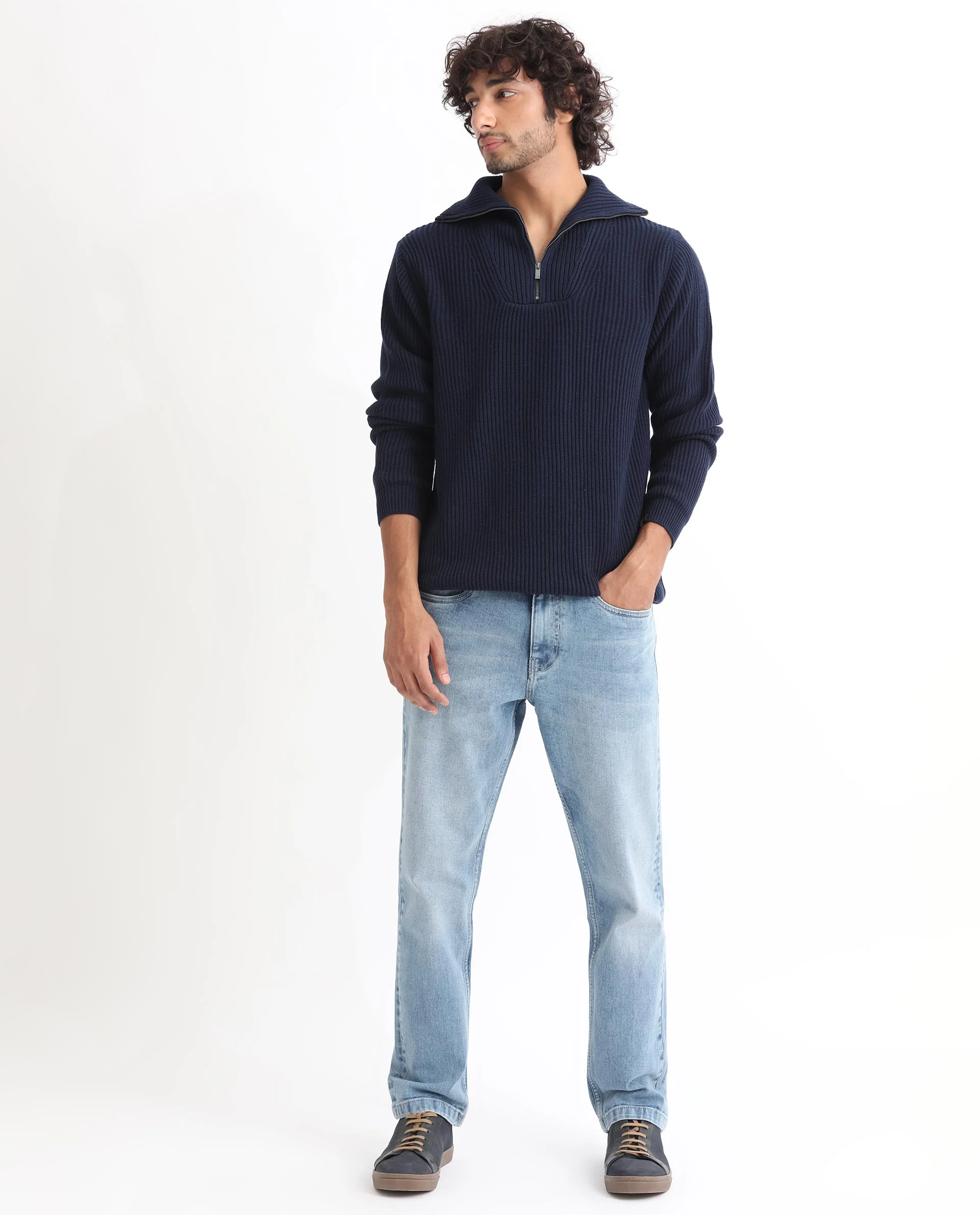 Rare Rabbit Men's Husk Navy Acrylic Plain Relaxed Fit Full Sleeve High Neck Sweater - Image 10