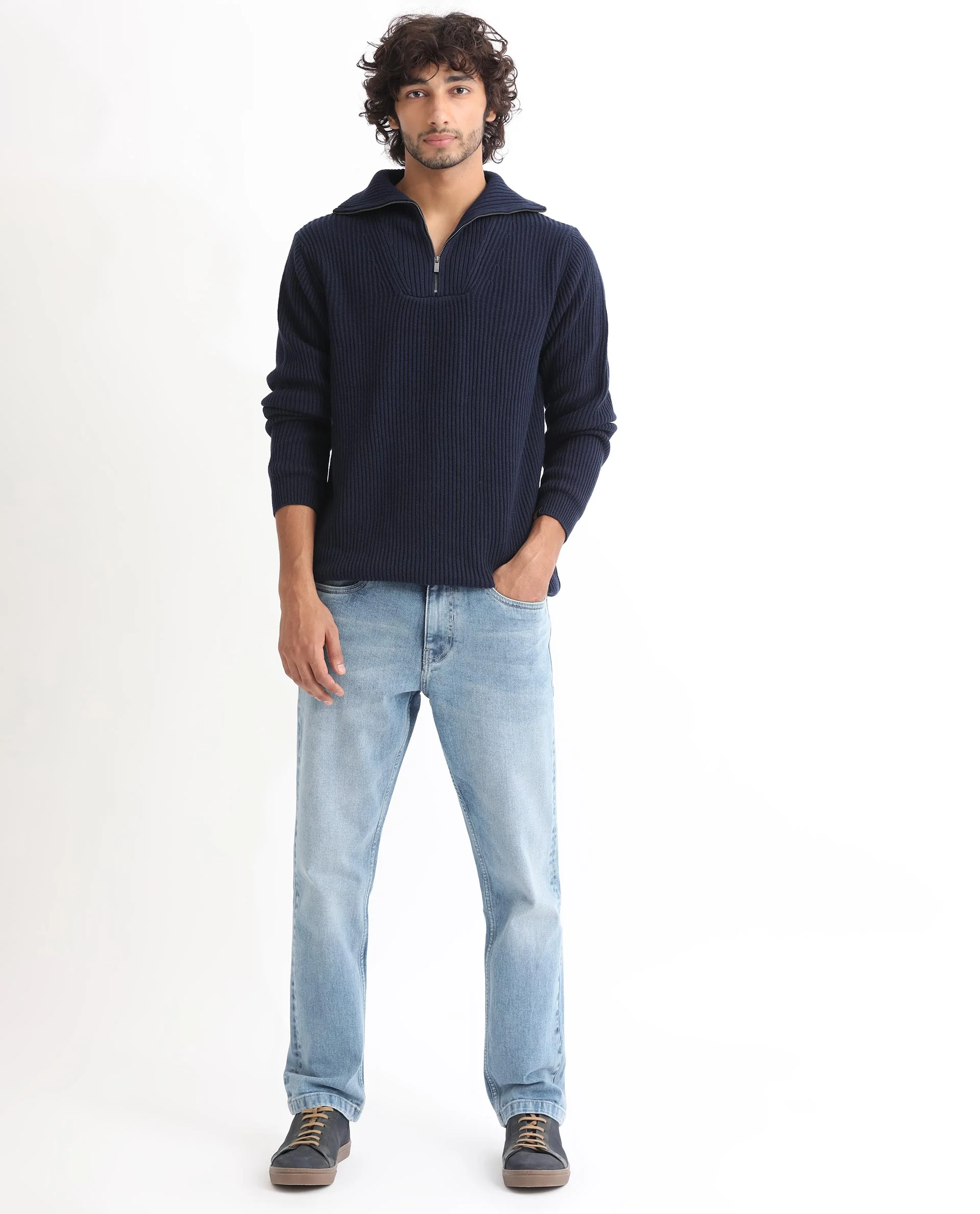Rare Rabbit Men's Husk Navy Acrylic Plain Relaxed Fit Full Sleeve High Neck Sweater - Image 2