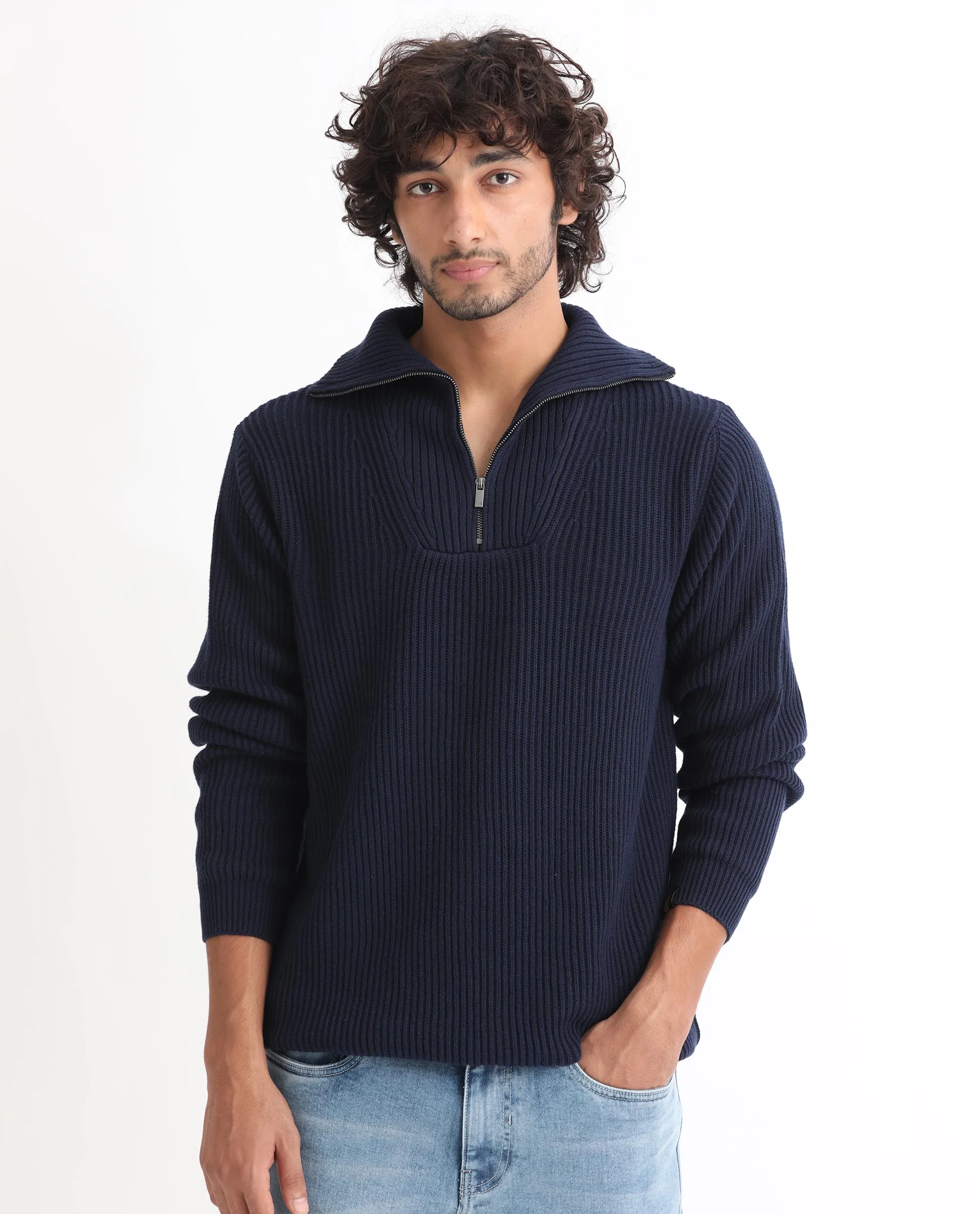 Rare Rabbit Men's Husk Navy Acrylic Plain Relaxed Fit Full Sleeve High Neck Sweater - Image 3