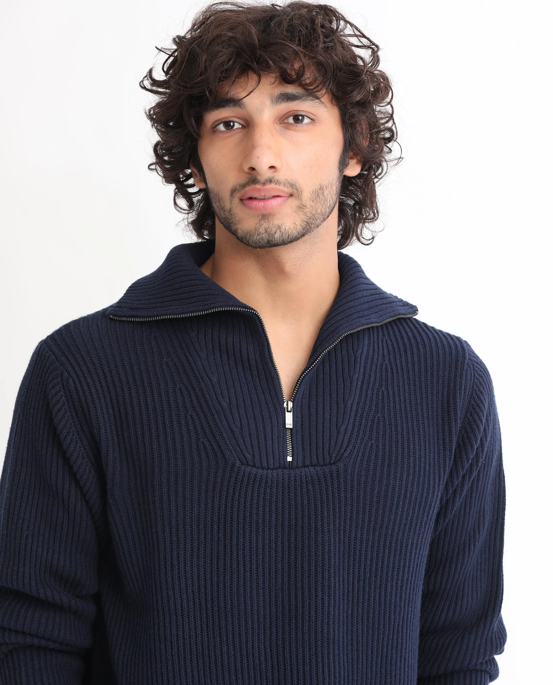 Rare Rabbit Men's Husk Navy Acrylic Plain Relaxed Fit Full Sleeve High Neck Sweater - Image 4