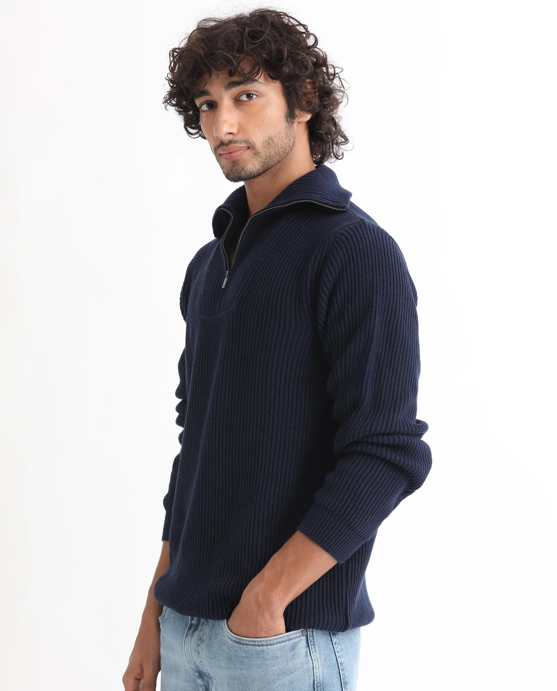 Rare Rabbit Men's Husk Navy Acrylic Plain Relaxed Fit Full Sleeve High Neck Sweater - Image 6