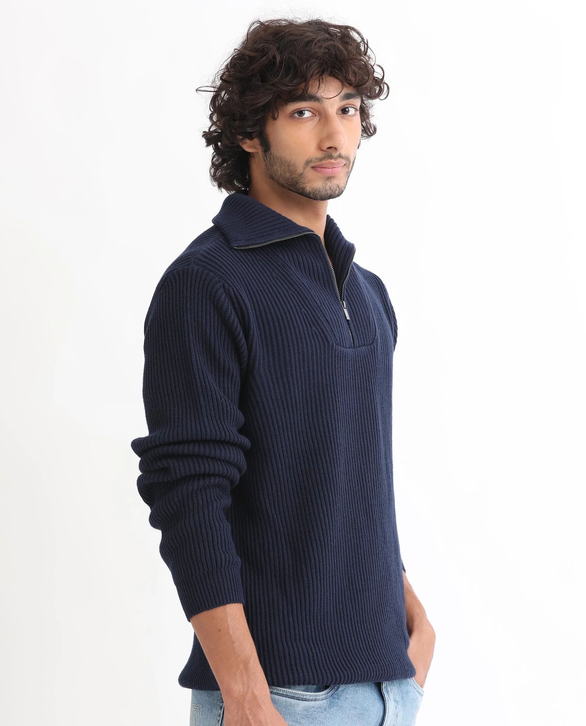 Rare Rabbit Men's Husk Navy Acrylic Plain Relaxed Fit Full Sleeve High Neck Sweater - Image 7