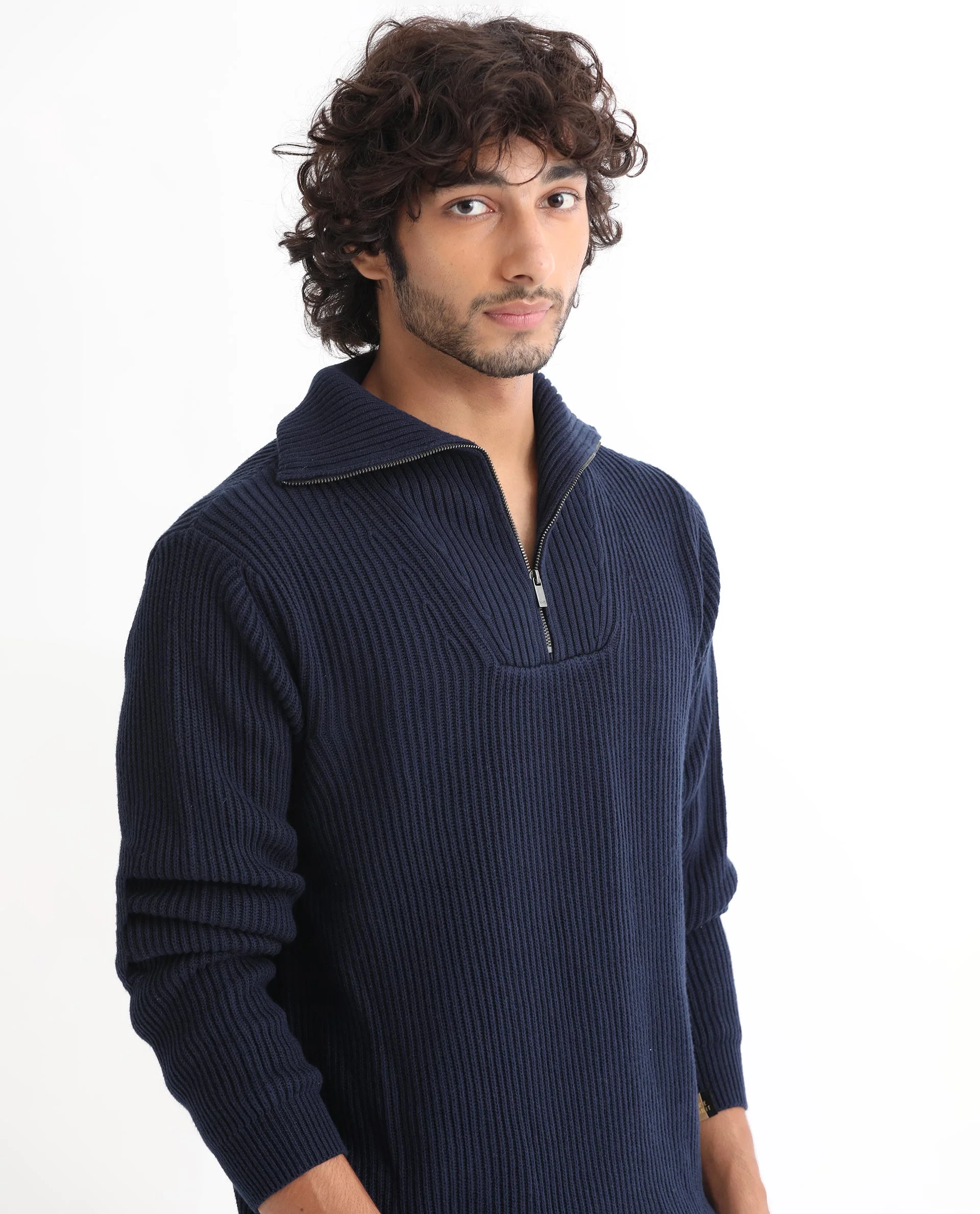 Rare Rabbit Men's Husk Navy Acrylic Plain Relaxed Fit Full Sleeve High Neck Sweater - Image 8