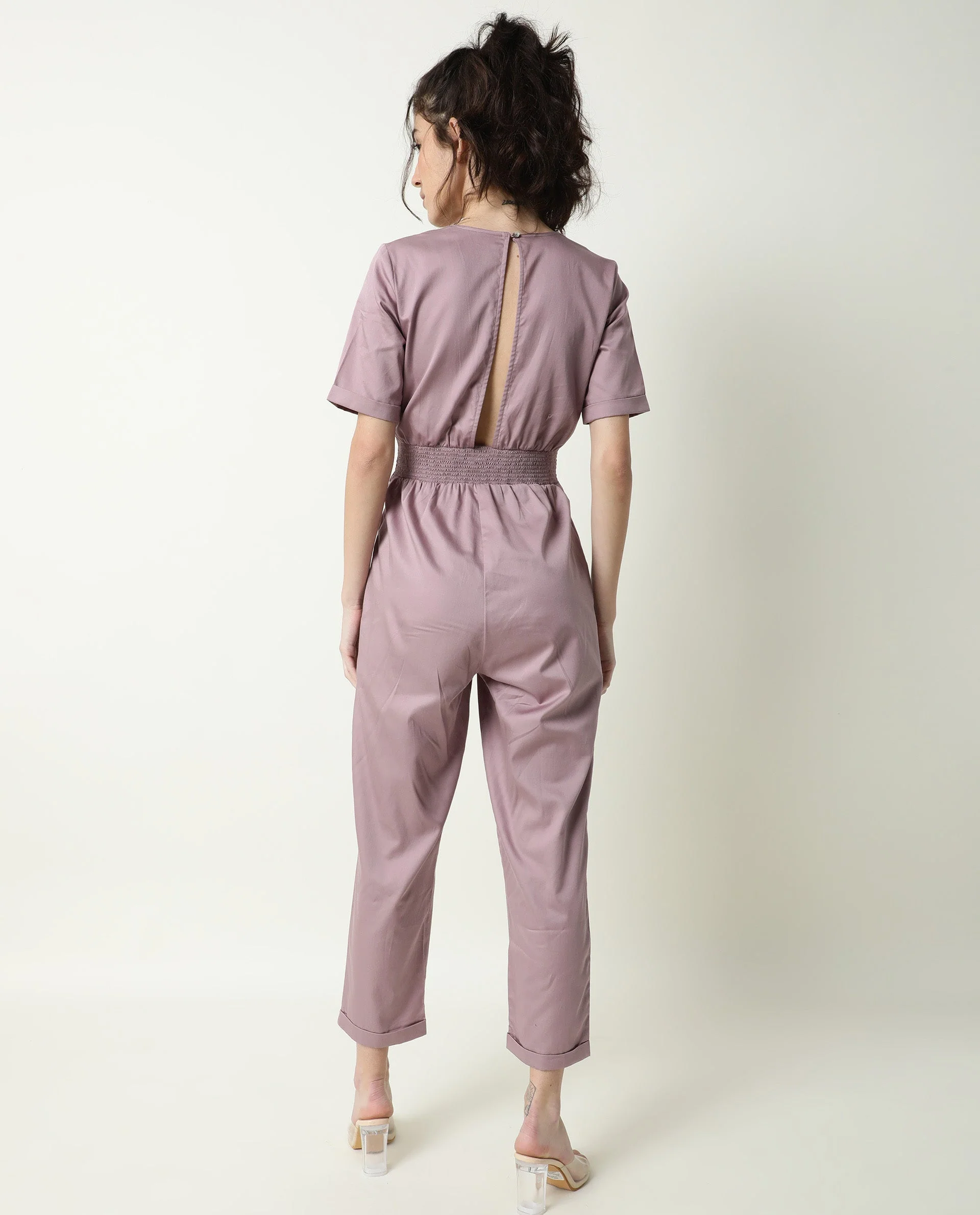 Rareism Women's Husky Pink Cotton Blend V-Neck Plain Ankle Length Regular Fit Jumpsuit - Image 10