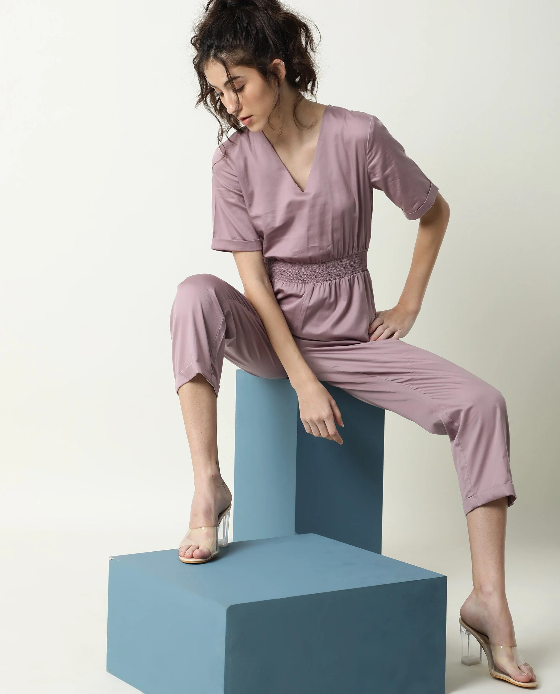 Rareism Women's Husky Pink Cotton Blend V-Neck Plain Ankle Length Regular Fit Jumpsuit - Image 11
