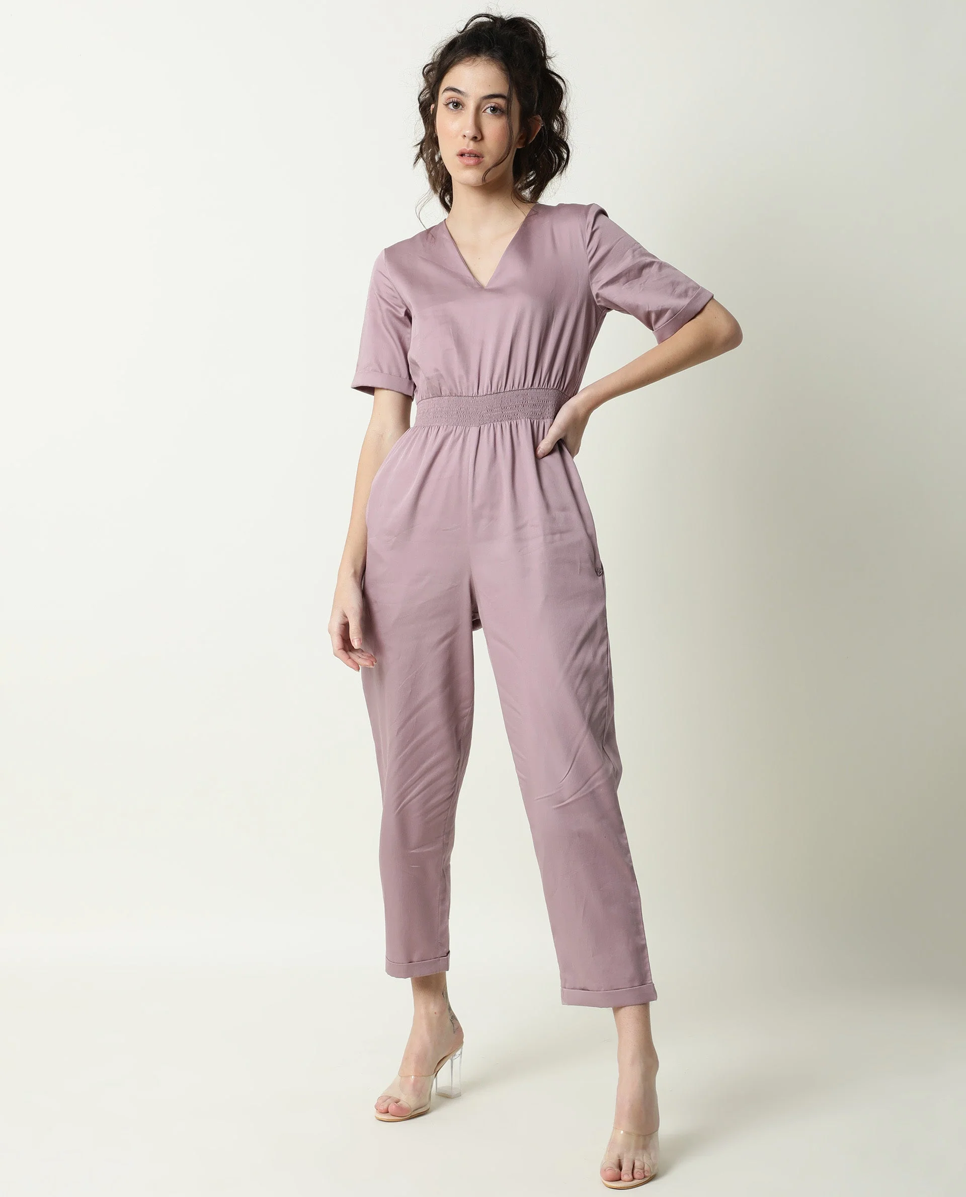 Rareism Women's Husky Pink Cotton Blend V-Neck Plain Ankle Length Regular Fit Jumpsuit - Image 5
