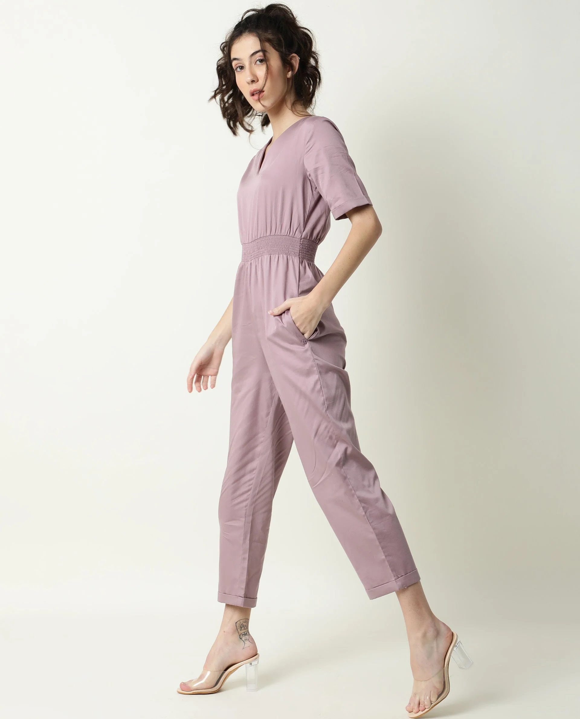 Rareism Women's Husky Pink Cotton Blend V-Neck Plain Ankle Length Regular Fit Jumpsuit - Image 6