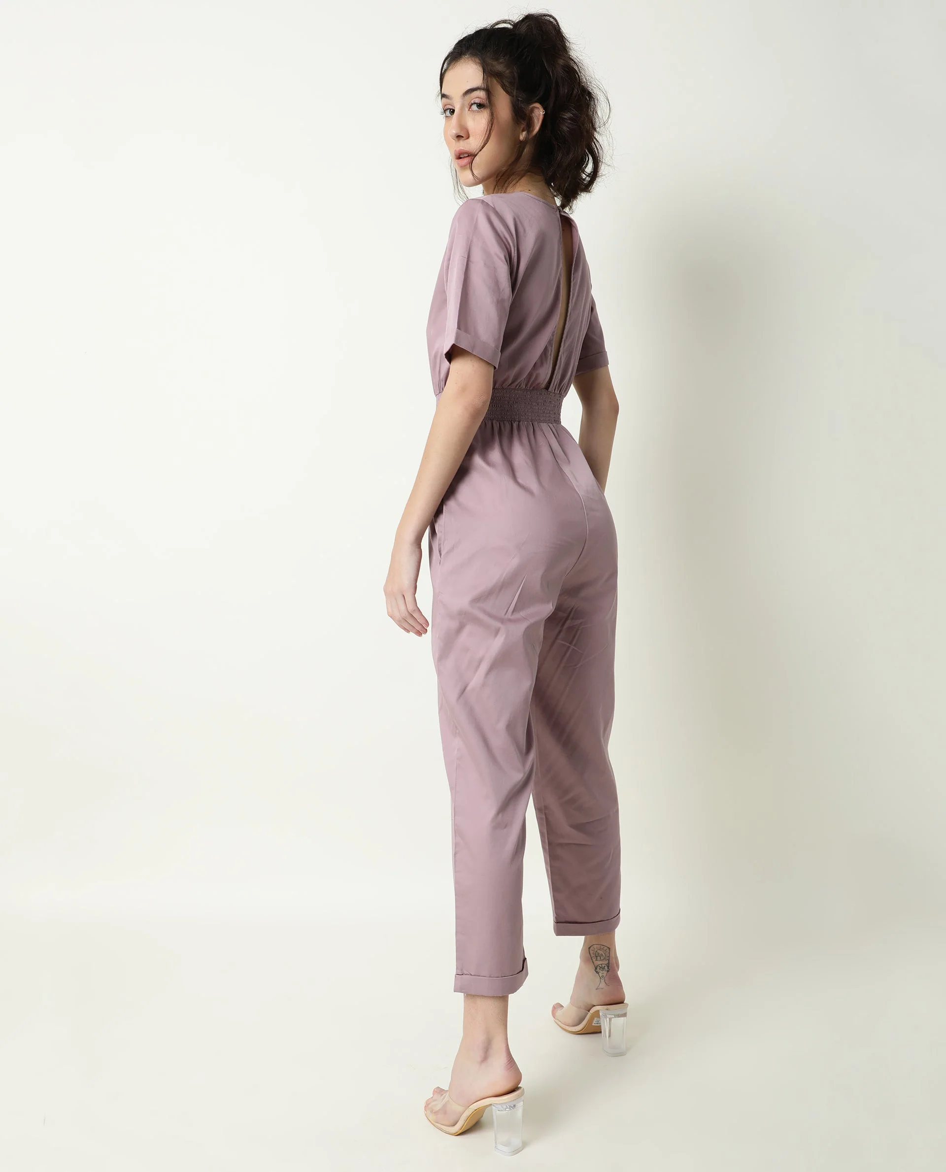 Rareism Women's Husky Pink Cotton Blend V-Neck Plain Ankle Length Regular Fit Jumpsuit - Image 7