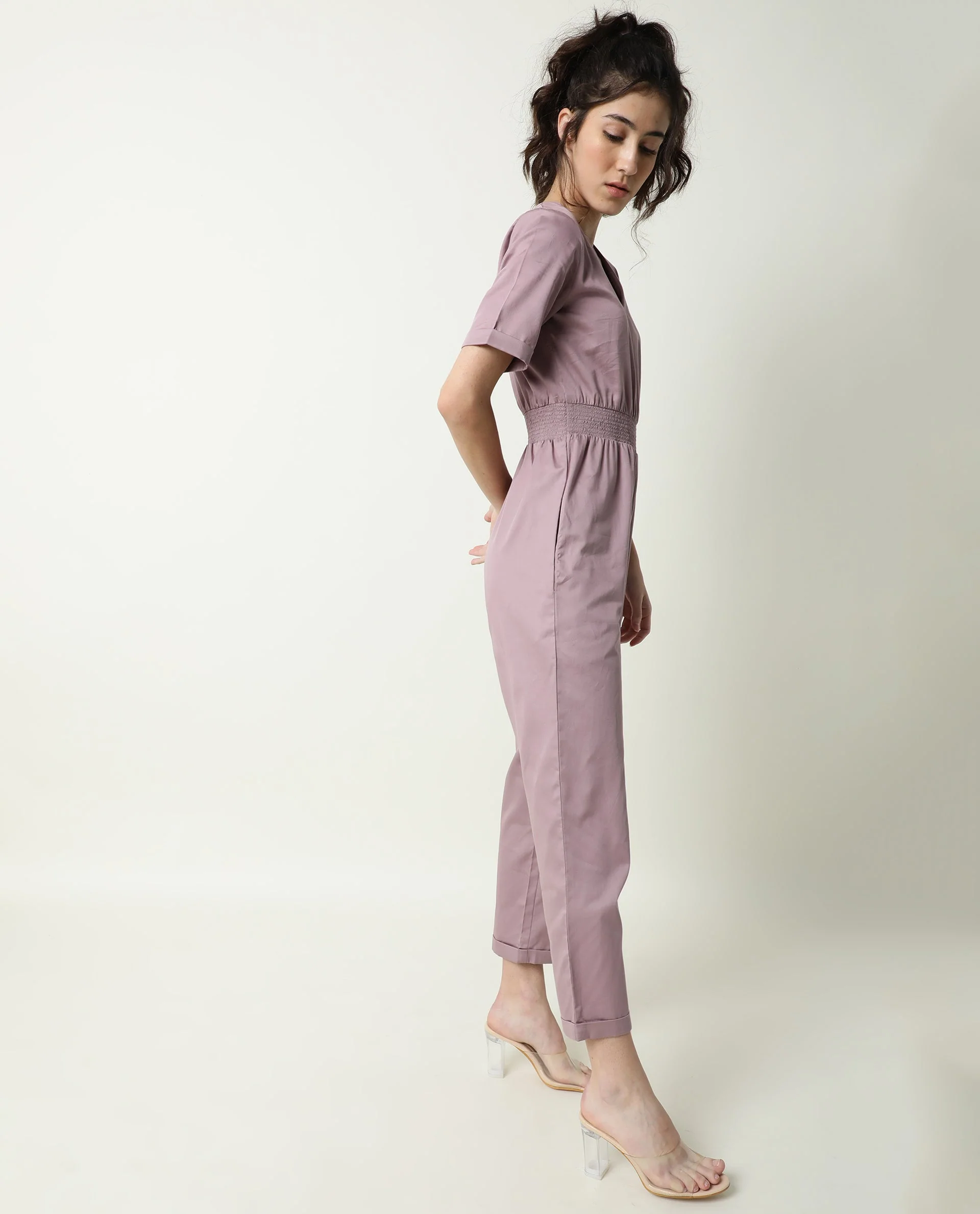 Rareism Women's Husky Pink Cotton Blend V-Neck Plain Ankle Length Regular Fit Jumpsuit - Image 9