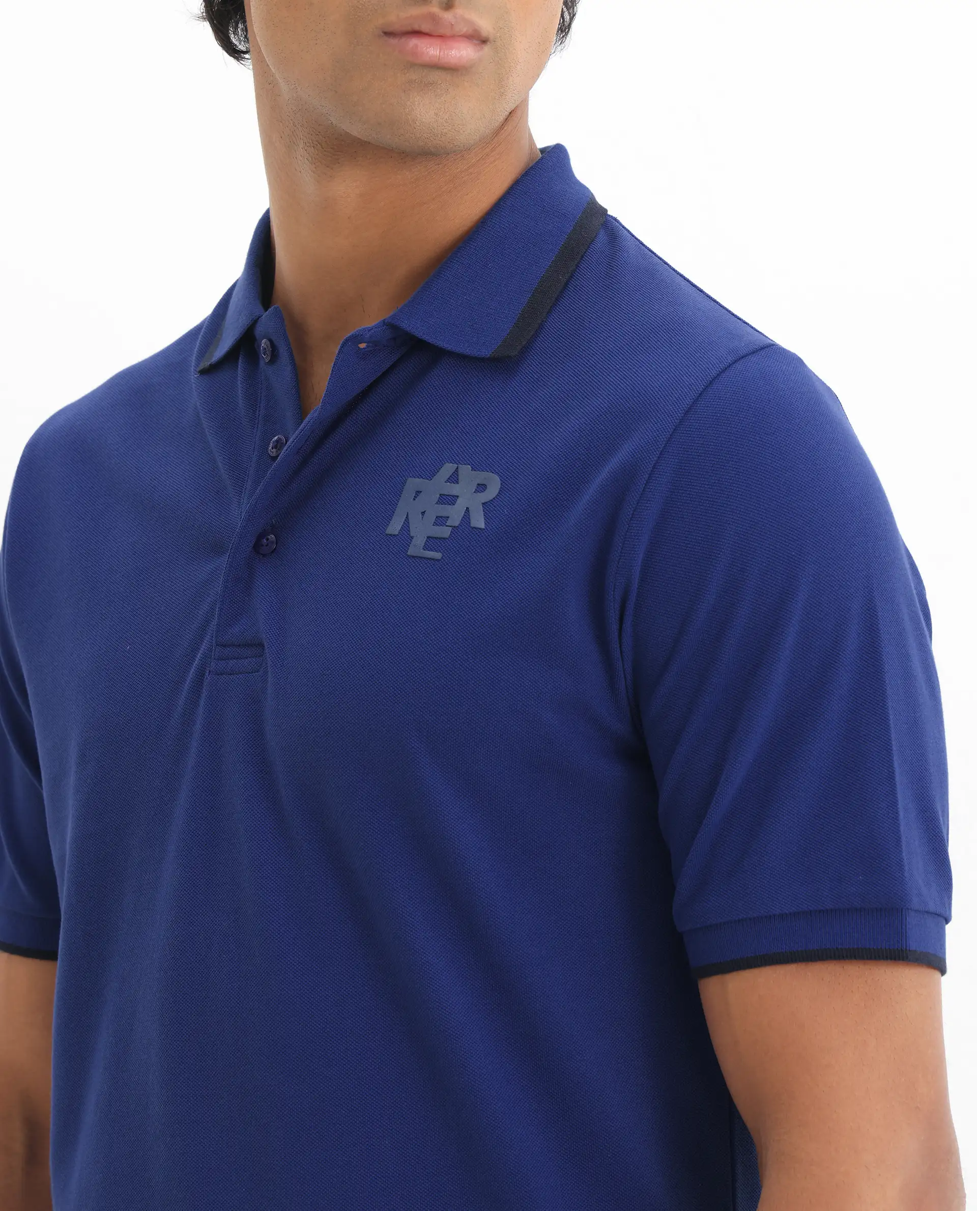Rare Rabbit Men's Hux Blue Cotton Plain Regular Fit Half Sleeve Polo - Image 3
