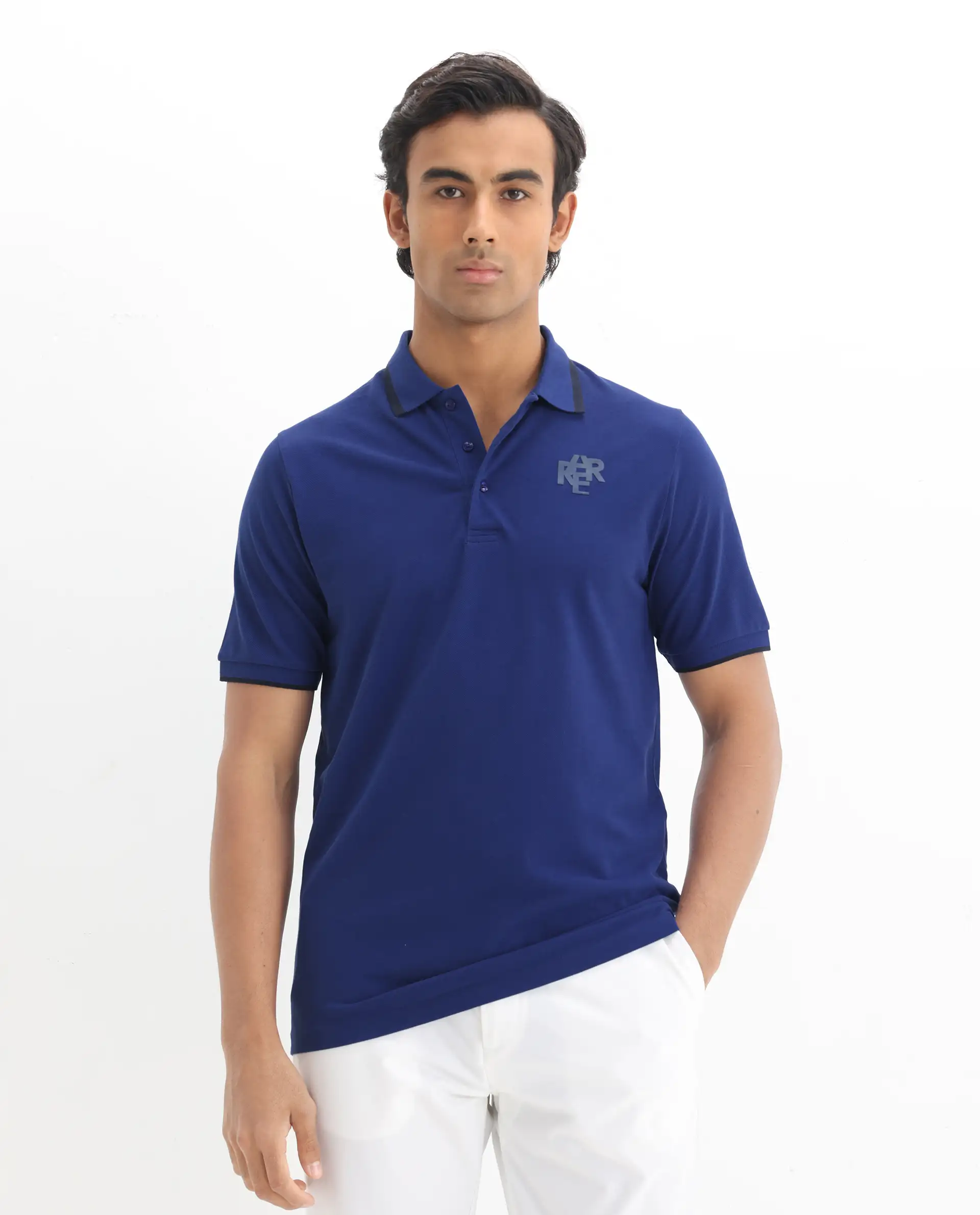 Rare Rabbit Men's Hux Blue Cotton Plain Regular Fit Half Sleeve Polo - Image 4