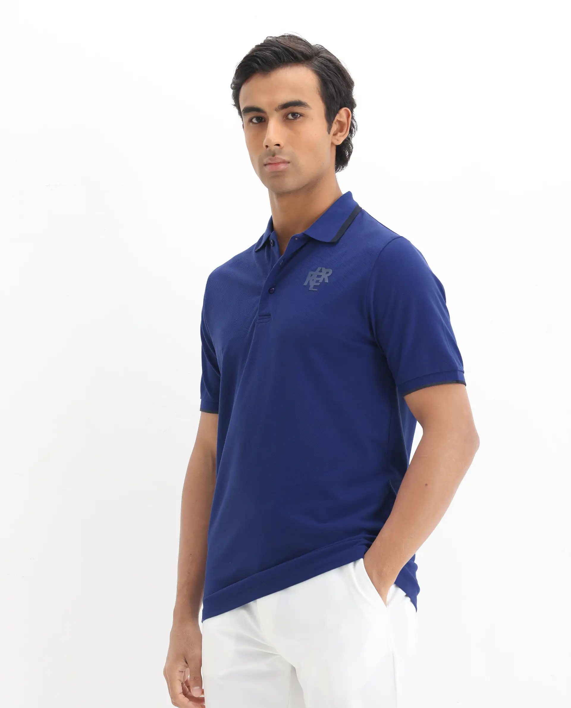 Rare Rabbit Men's Hux Blue Cotton Plain Regular Fit Half Sleeve Polo - Image 5