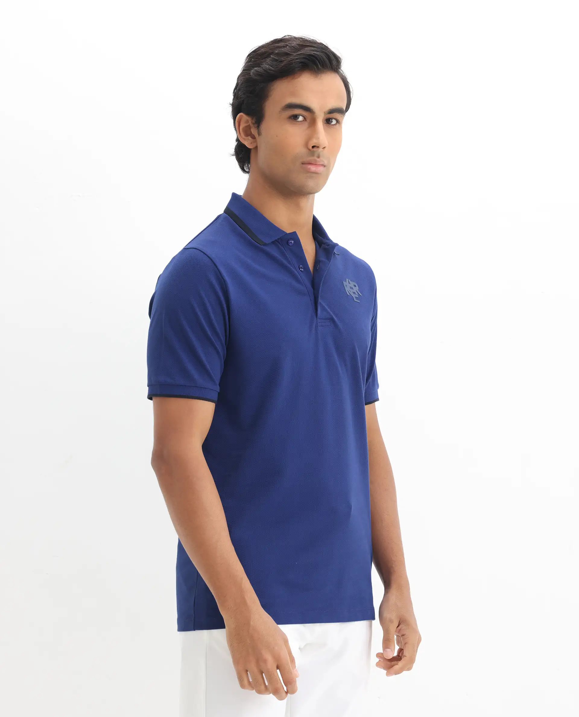 Rare Rabbit Men's Hux Blue Cotton Plain Regular Fit Half Sleeve Polo - Image 6