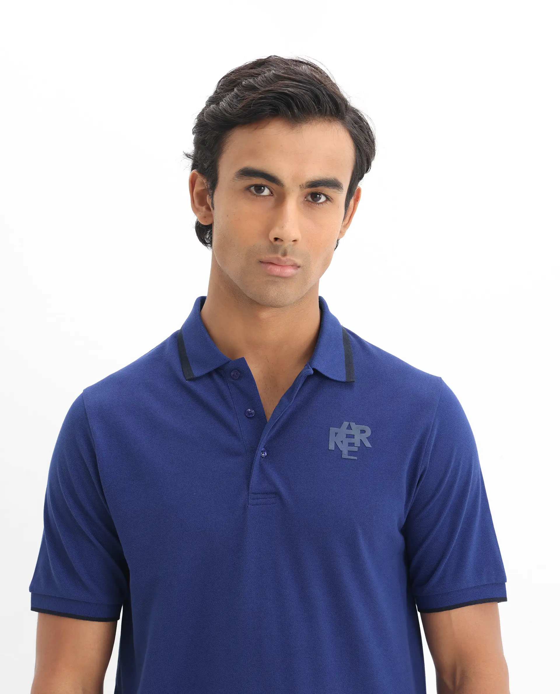 Rare Rabbit Men's Hux Blue Cotton Plain Regular Fit Half Sleeve Polo - Image 7