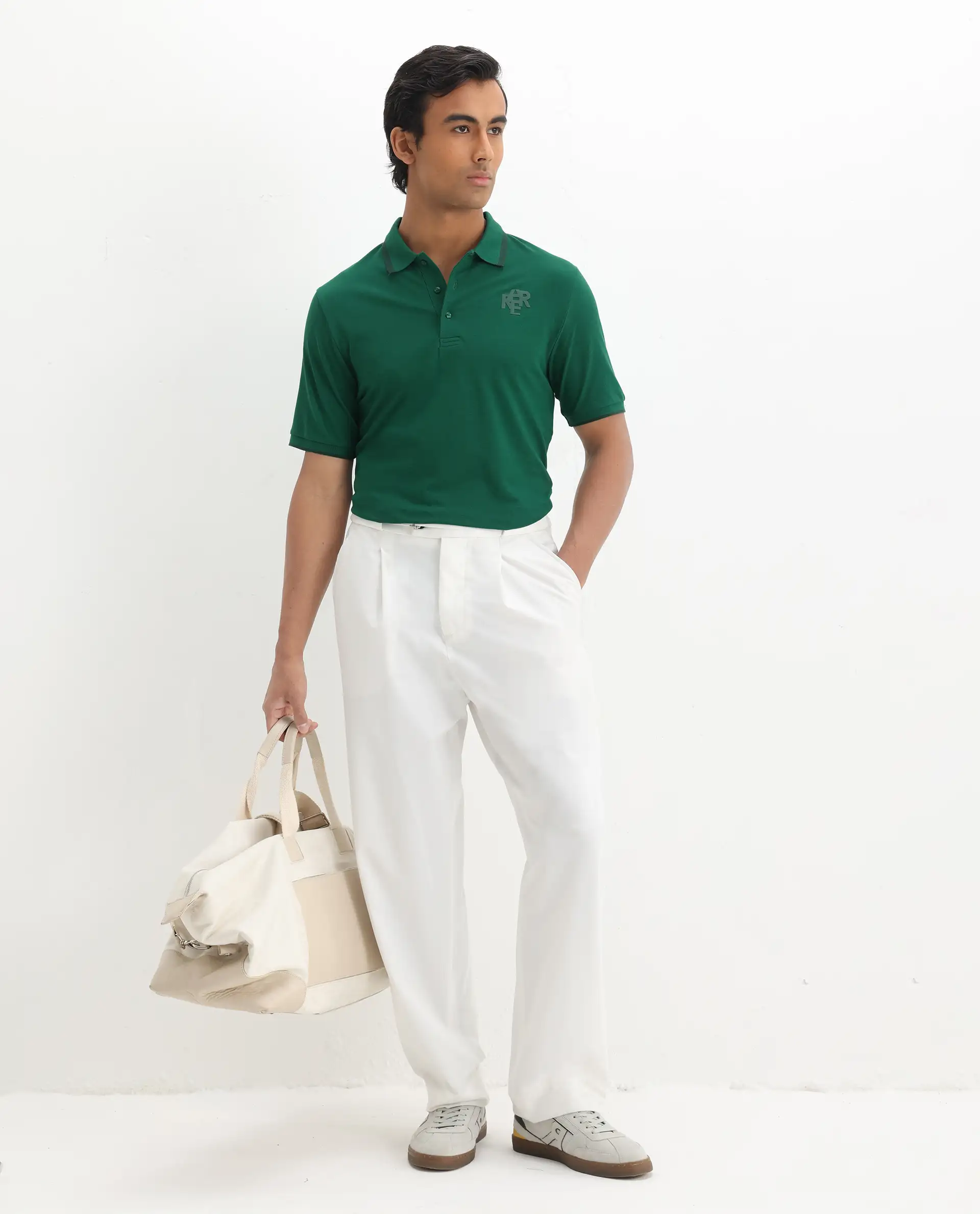 Rare Rabbit Men's Hux Green Cotton Plain Regular Fit Half Sleeve Polo - Image 2
