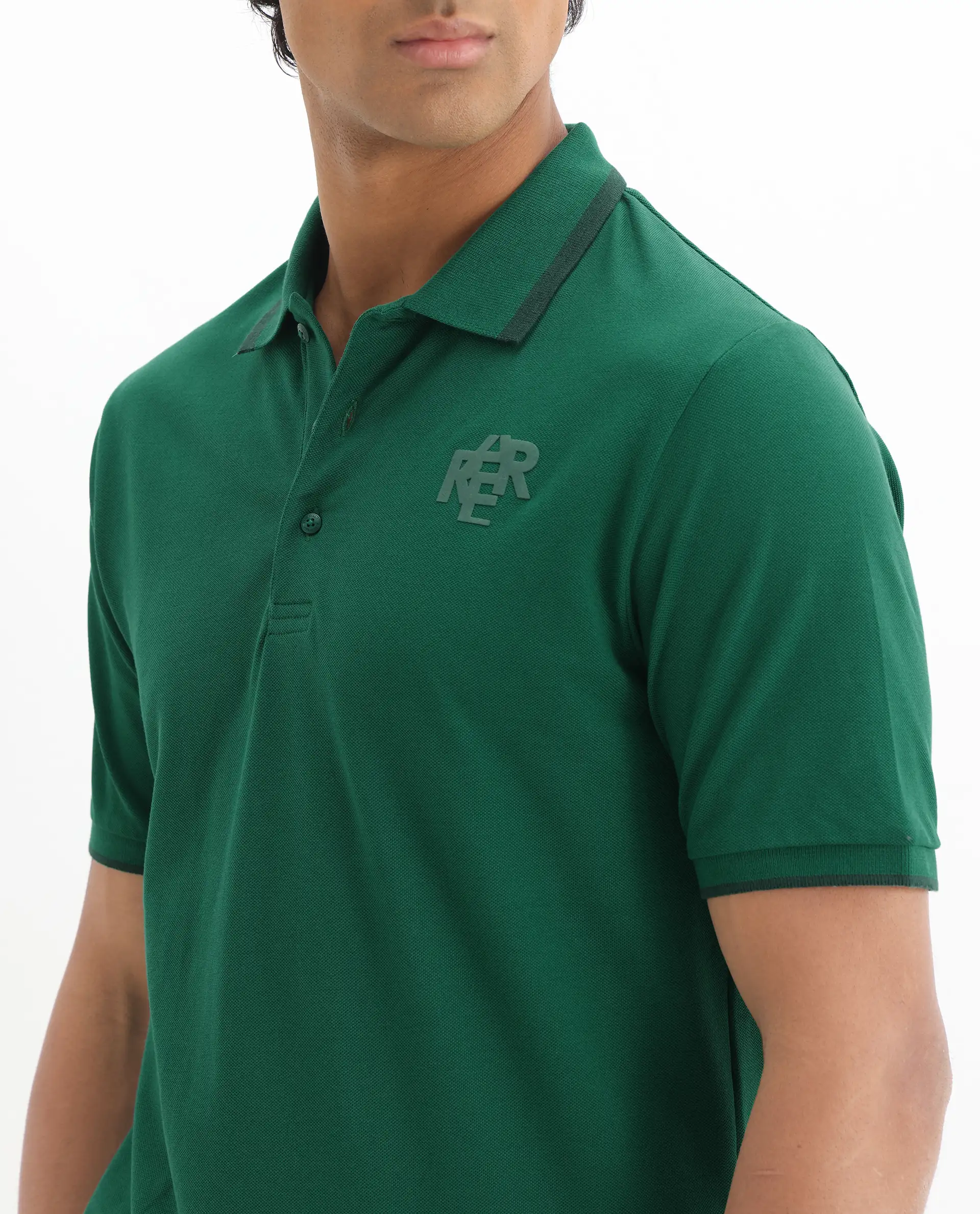 Rare Rabbit Men's Hux Green Cotton Plain Regular Fit Half Sleeve Polo - Image 3