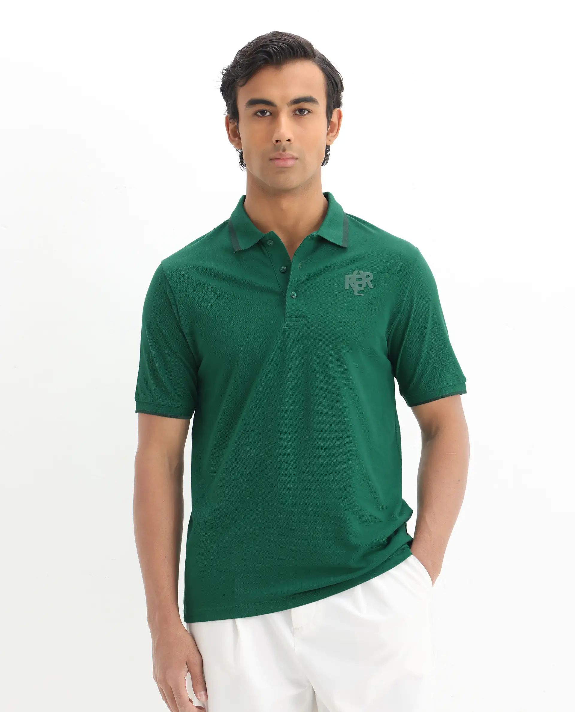 Rare Rabbit Men's Hux Green Cotton Plain Regular Fit Half Sleeve Polo - Image 5