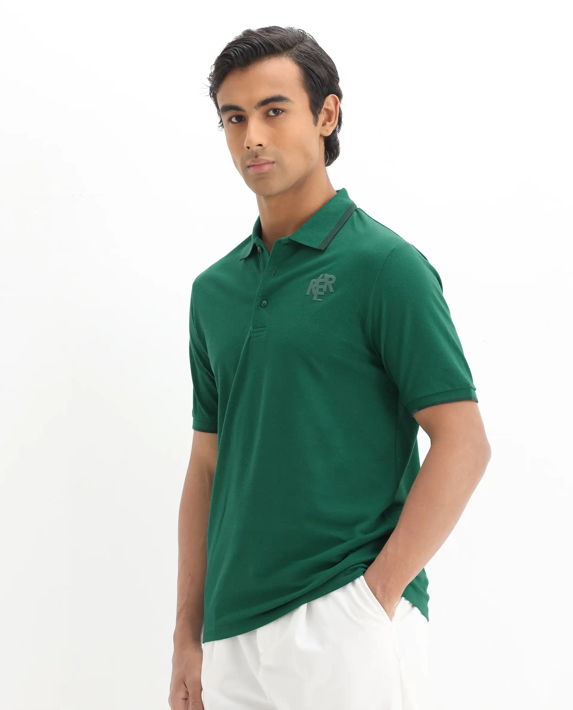 Rare Rabbit Men's Hux Green Cotton Plain Regular Fit Half Sleeve Polo - Image 6
