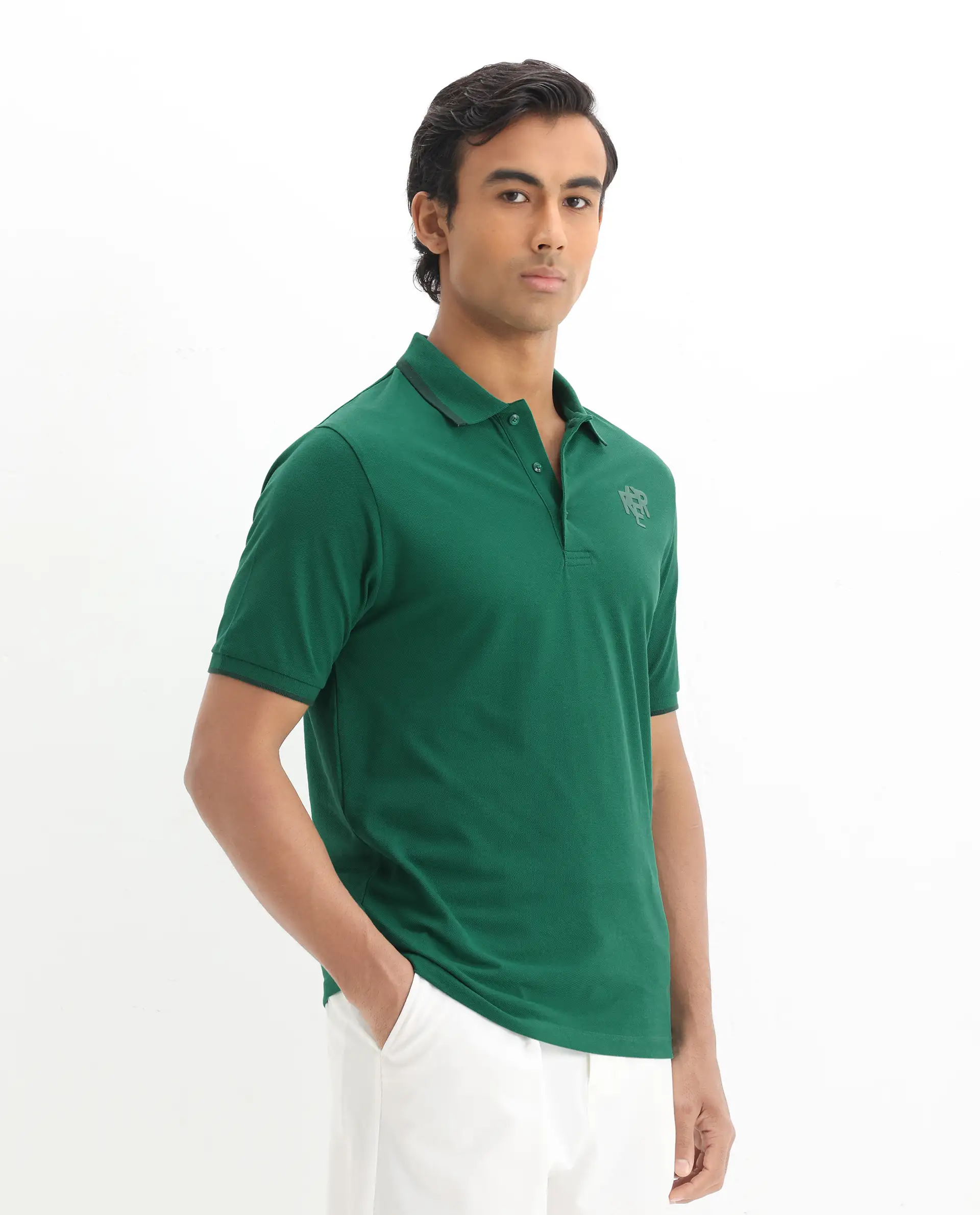 Rare Rabbit Men's Hux Green Cotton Plain Regular Fit Half Sleeve Polo - Image 7