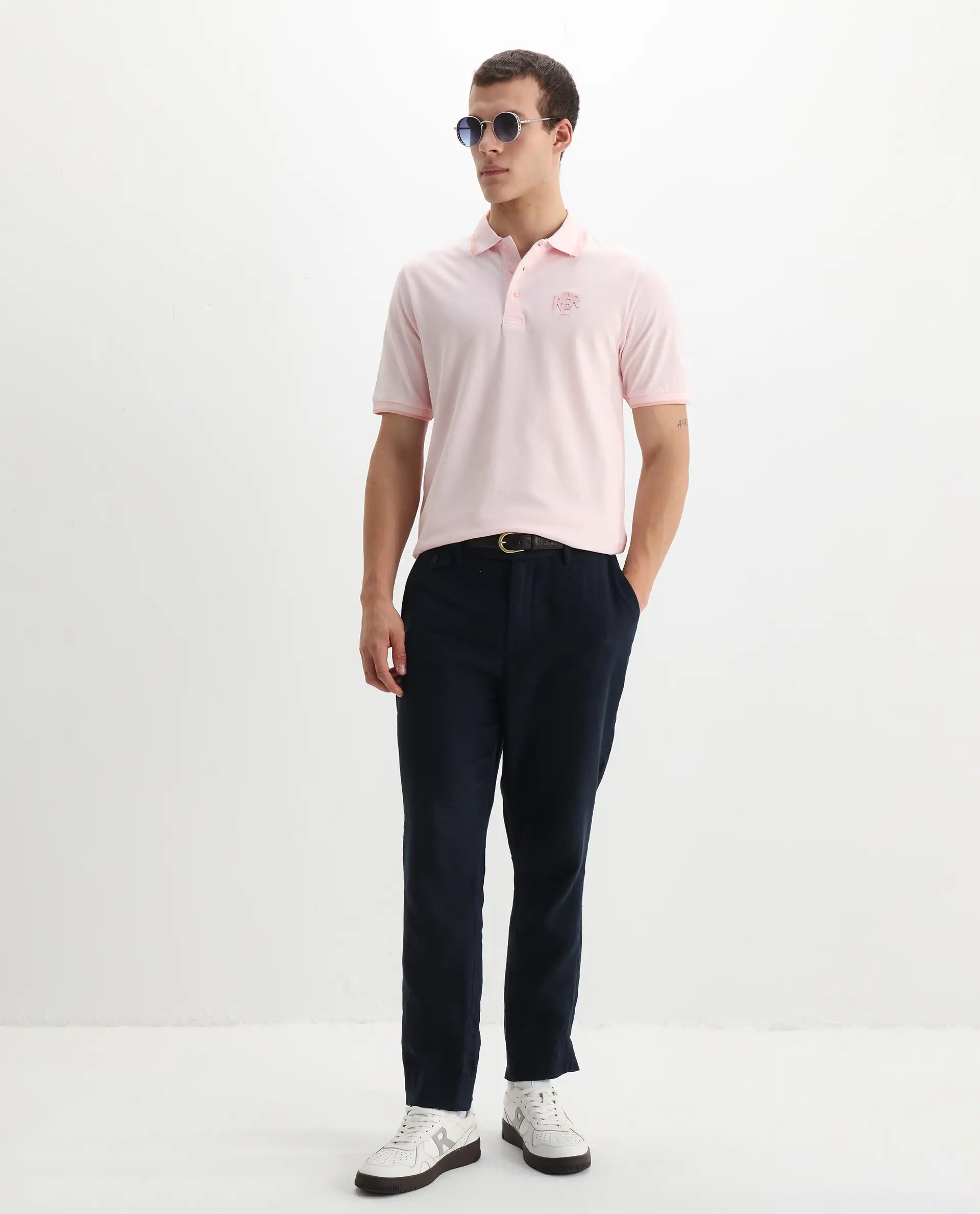 Rare Rabbit Men's Hux Pastel Pink Cotton Plain Regular Fit Half Sleeve Polo - Image 2