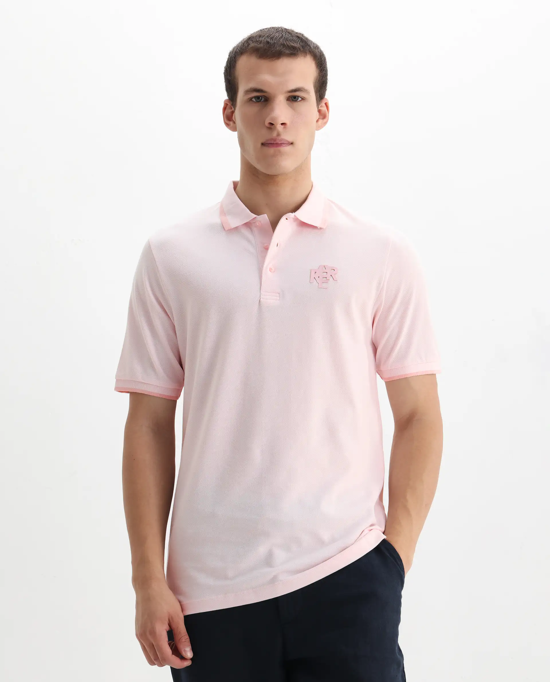 Rare Rabbit Men's Hux Pastel Pink Cotton Plain Regular Fit Half Sleeve Polo - Image 4