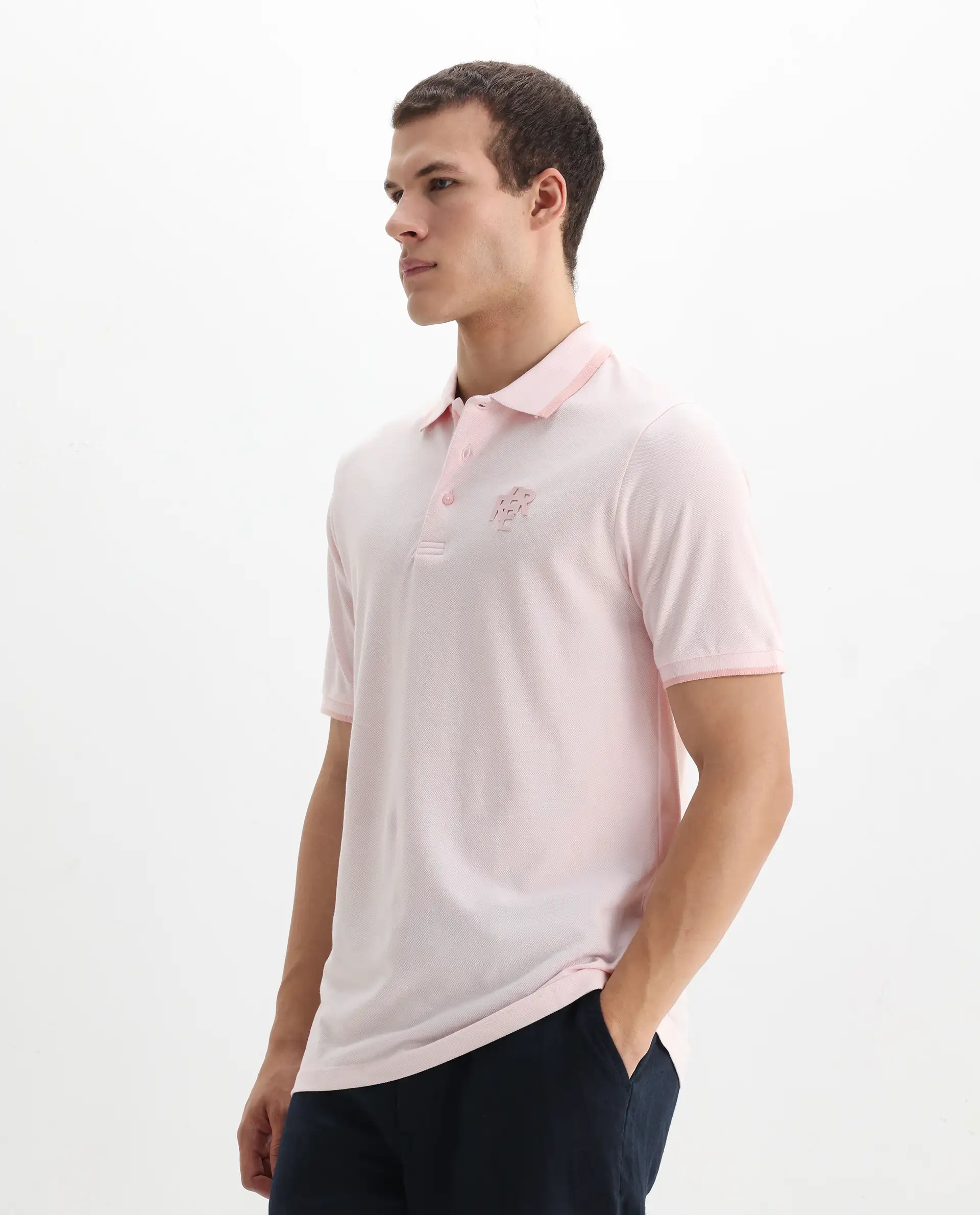 Rare Rabbit Men's Hux Pastel Pink Cotton Plain Regular Fit Half Sleeve Polo - Image 5