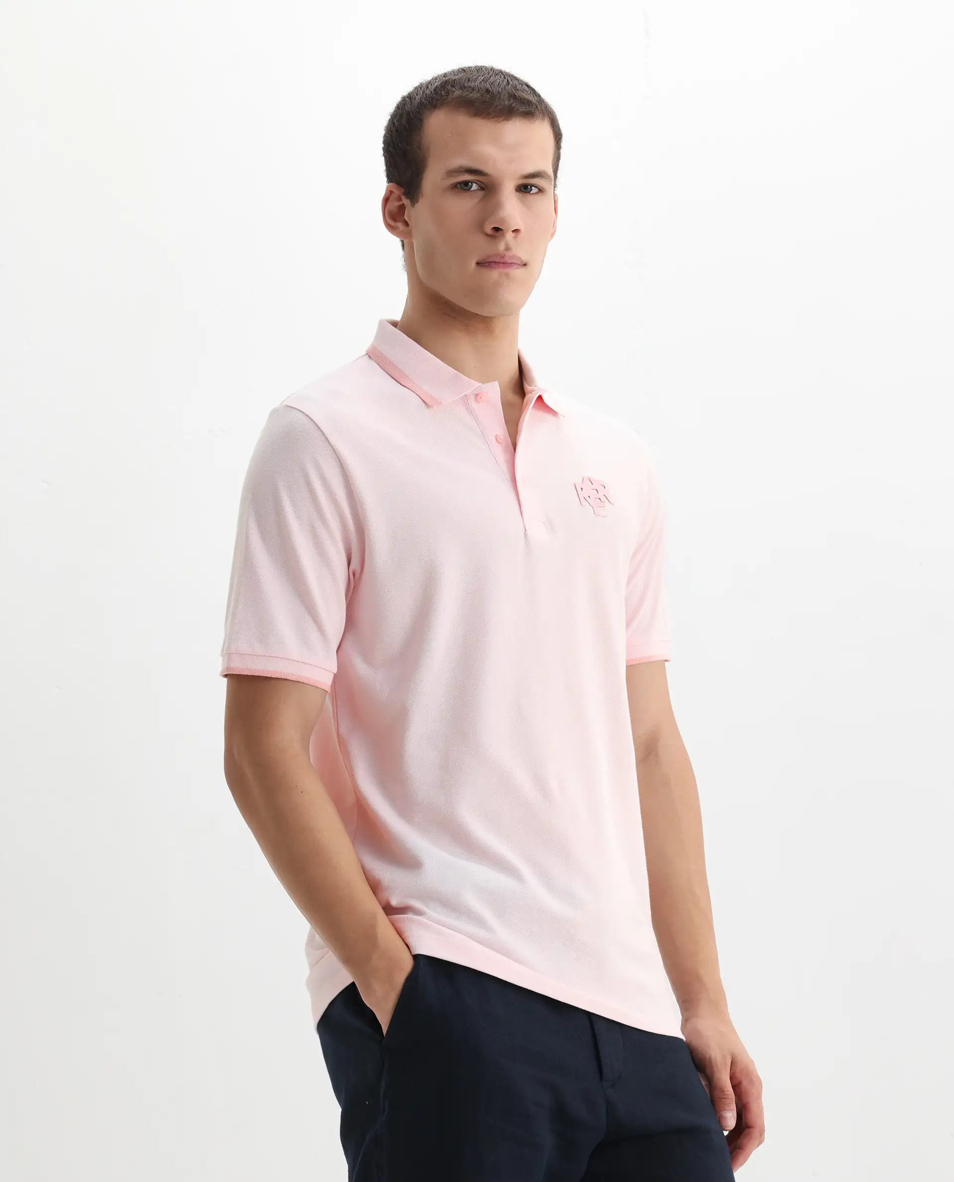 Rare Rabbit Men's Hux Pastel Pink Cotton Plain Regular Fit Half Sleeve Polo - Image 6