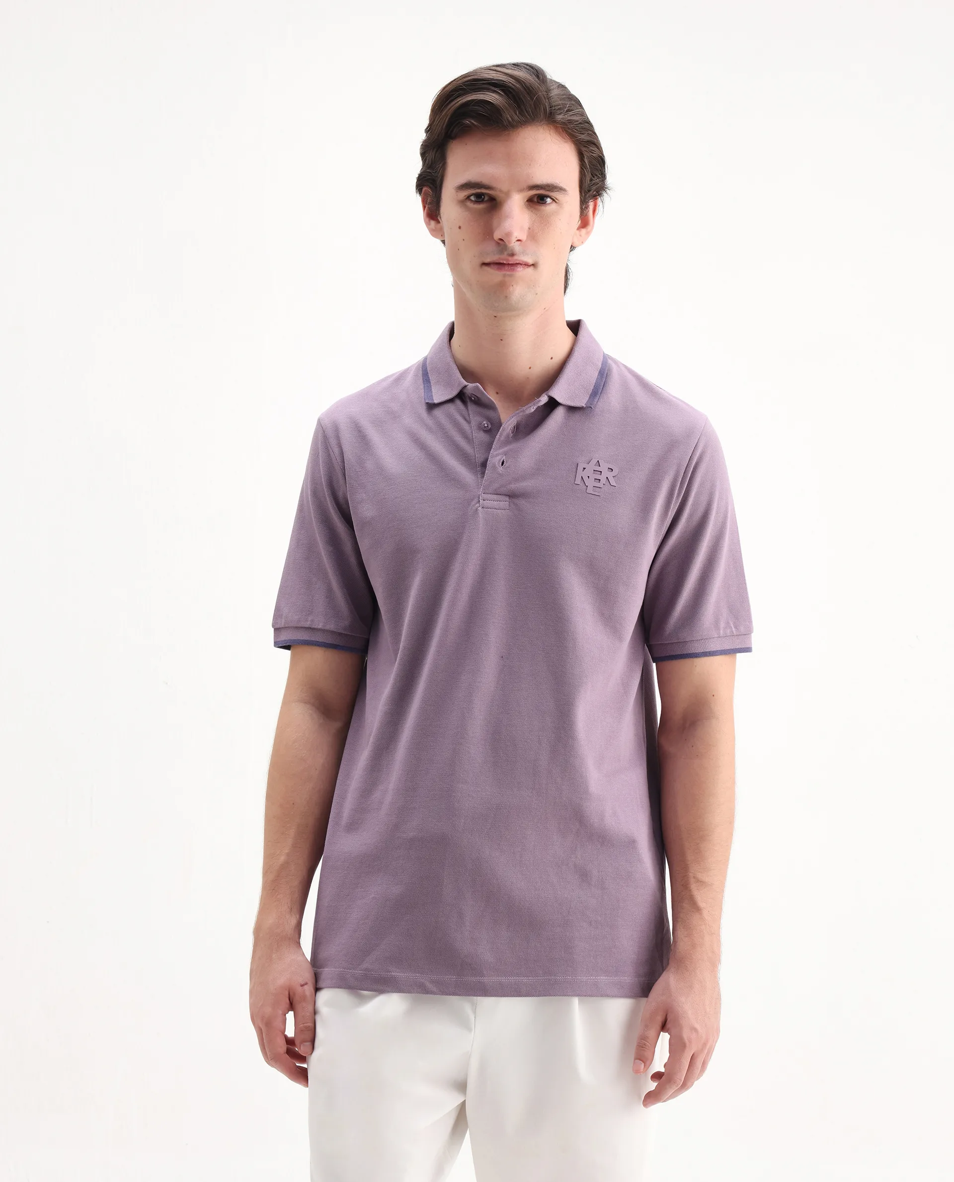Rare Rabbit Men's Hux Dusky Purple Cotton Plain Regular Fit Half Sleeve Polo - Image 4