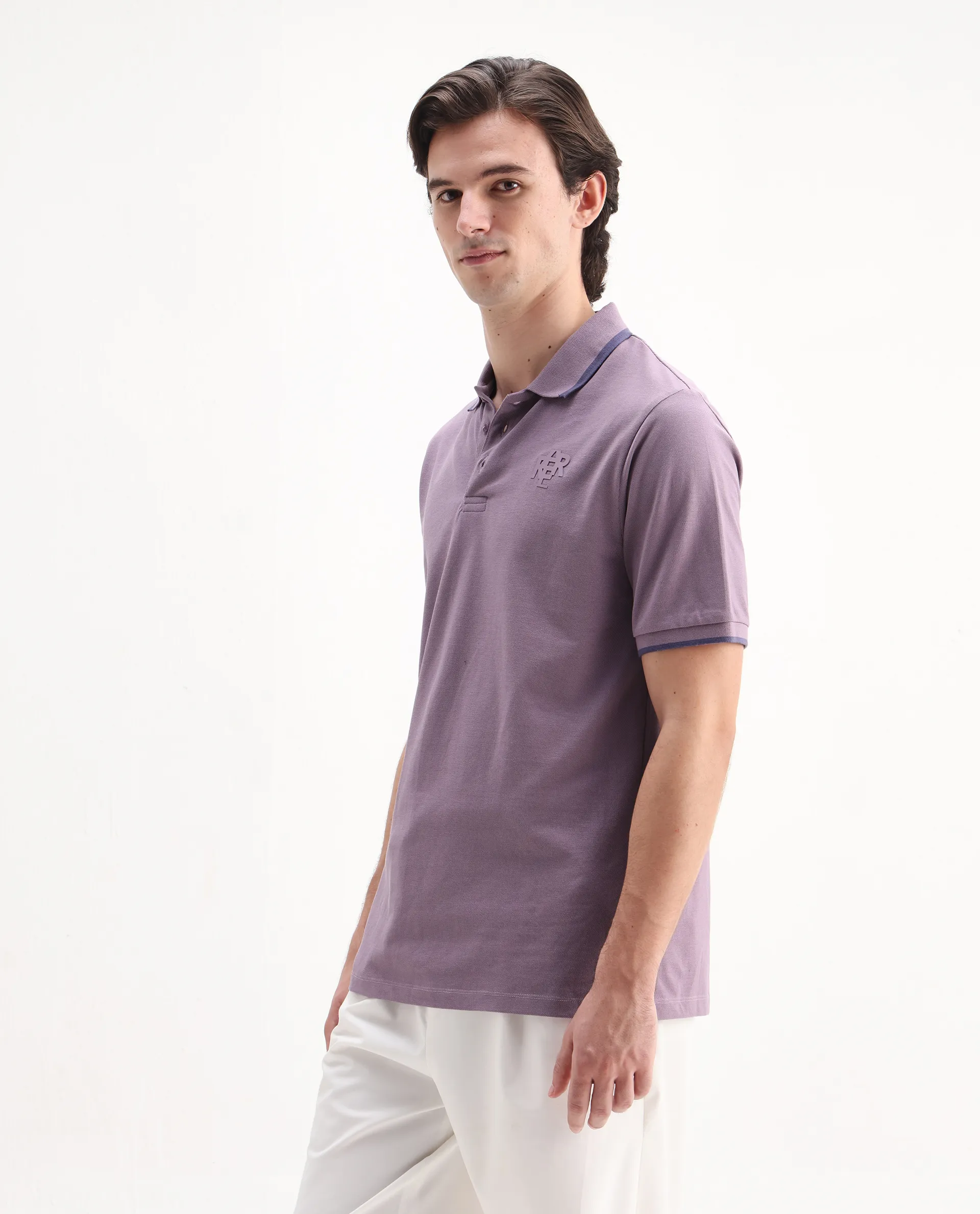 Rare Rabbit Men's Hux Dusky Purple Cotton Plain Regular Fit Half Sleeve Polo - Image 5