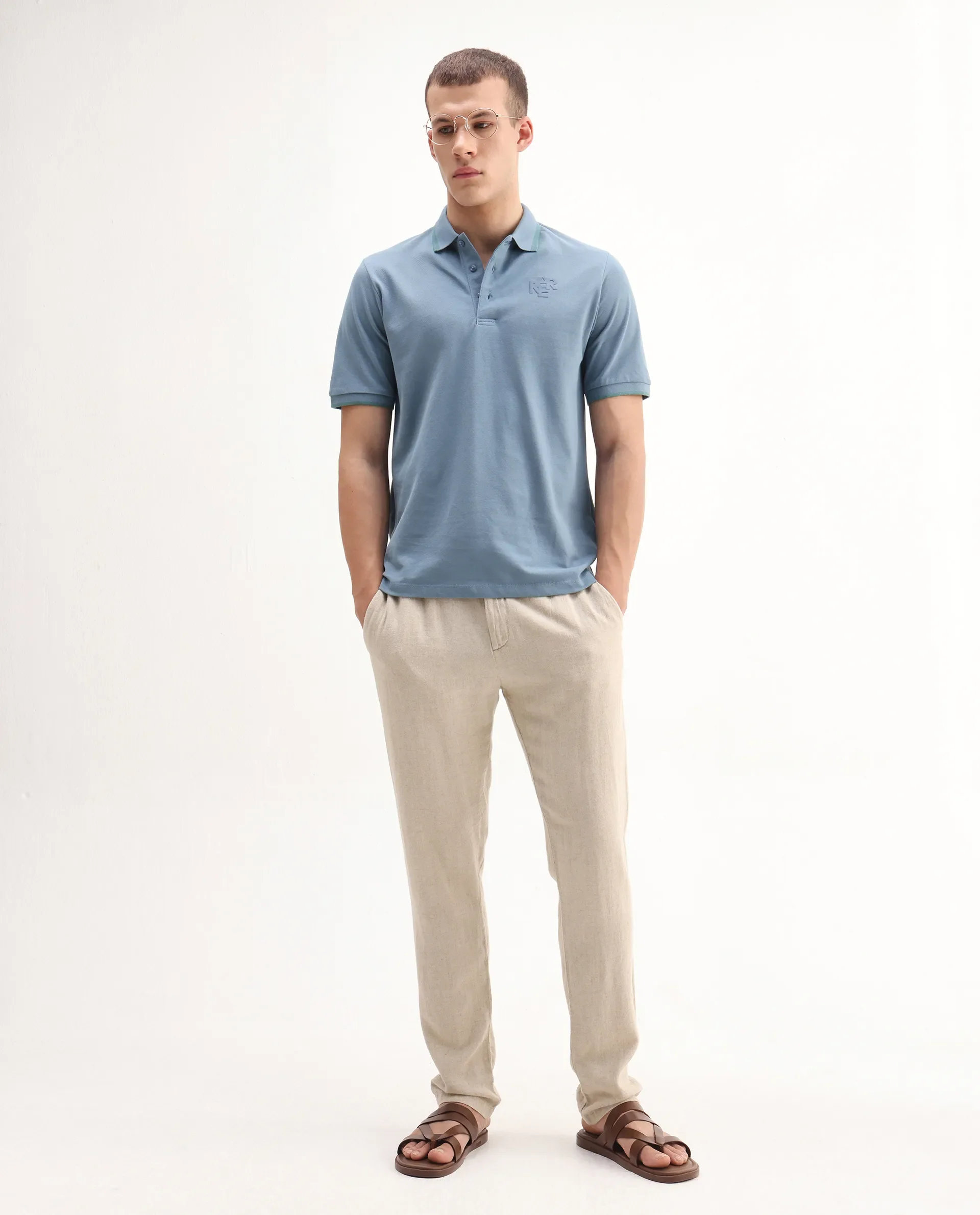 Rare Rabbit Men's Hux Dusky Teal Cotton Plain Regular Fit Half Sleeve Polo - Image 2