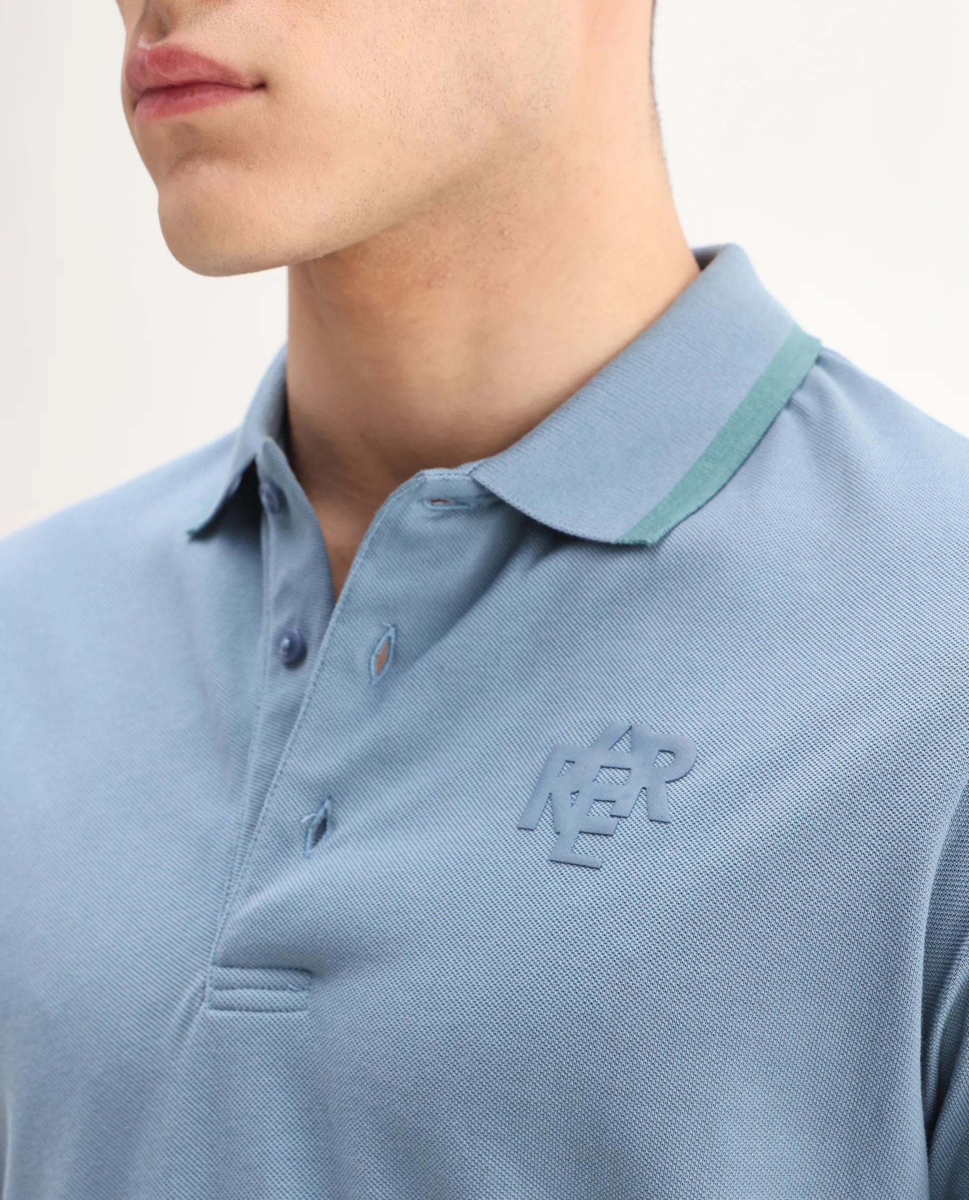 Rare Rabbit Men's Hux Dusky Teal Cotton Plain Regular Fit Half Sleeve Polo - Image 3