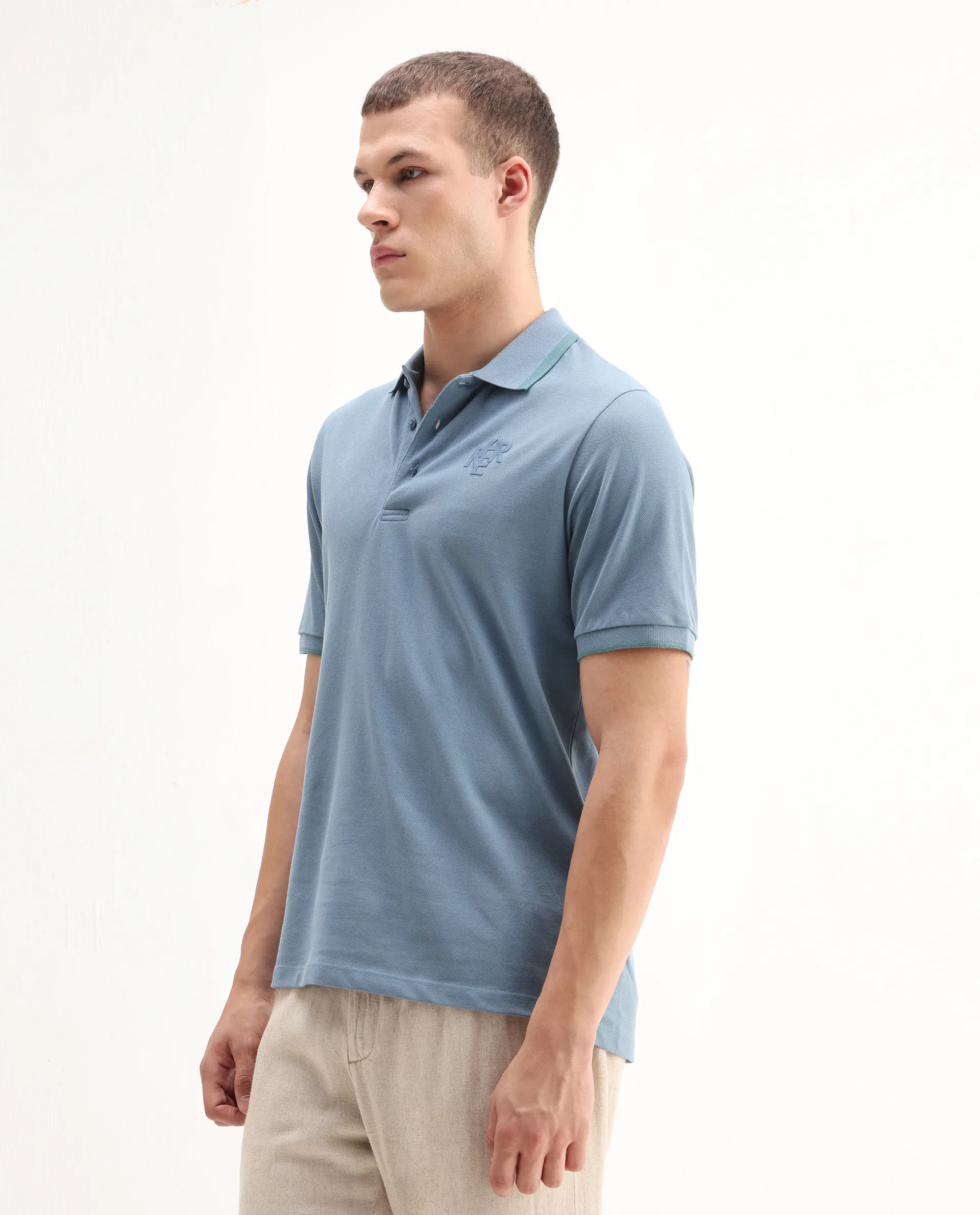 Rare Rabbit Men's Hux Dusky Teal Cotton Plain Regular Fit Half Sleeve Polo - Image 4